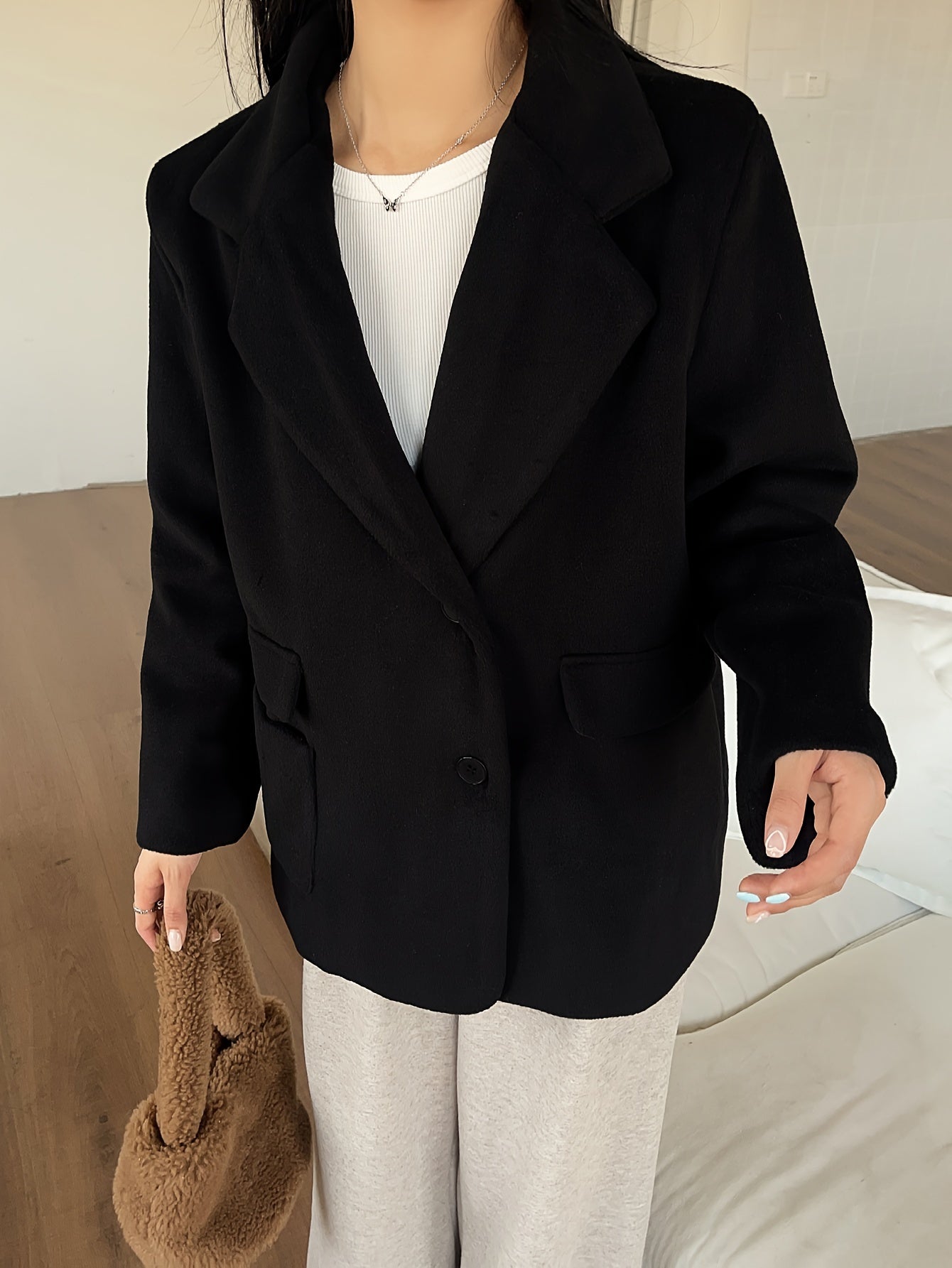 vlovelaw Solid Button Front Coat, Casual Long Sleeve Warm Outwear, Women's Clothing