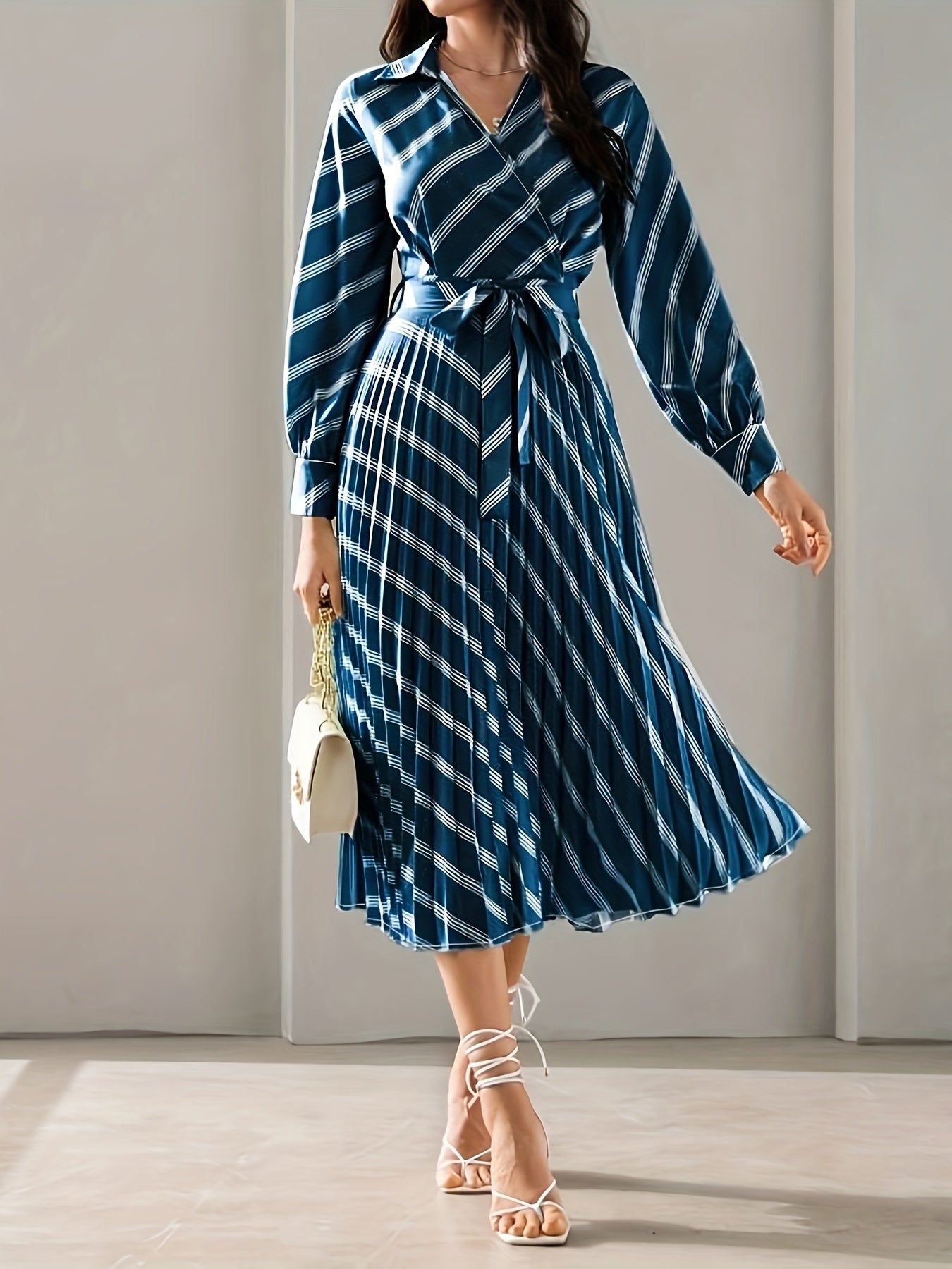 vlovelaw Striped Surplice Neck Dress, Elegant Long Sleeve Belted Dress For Spring & Fall, Women's Clothing