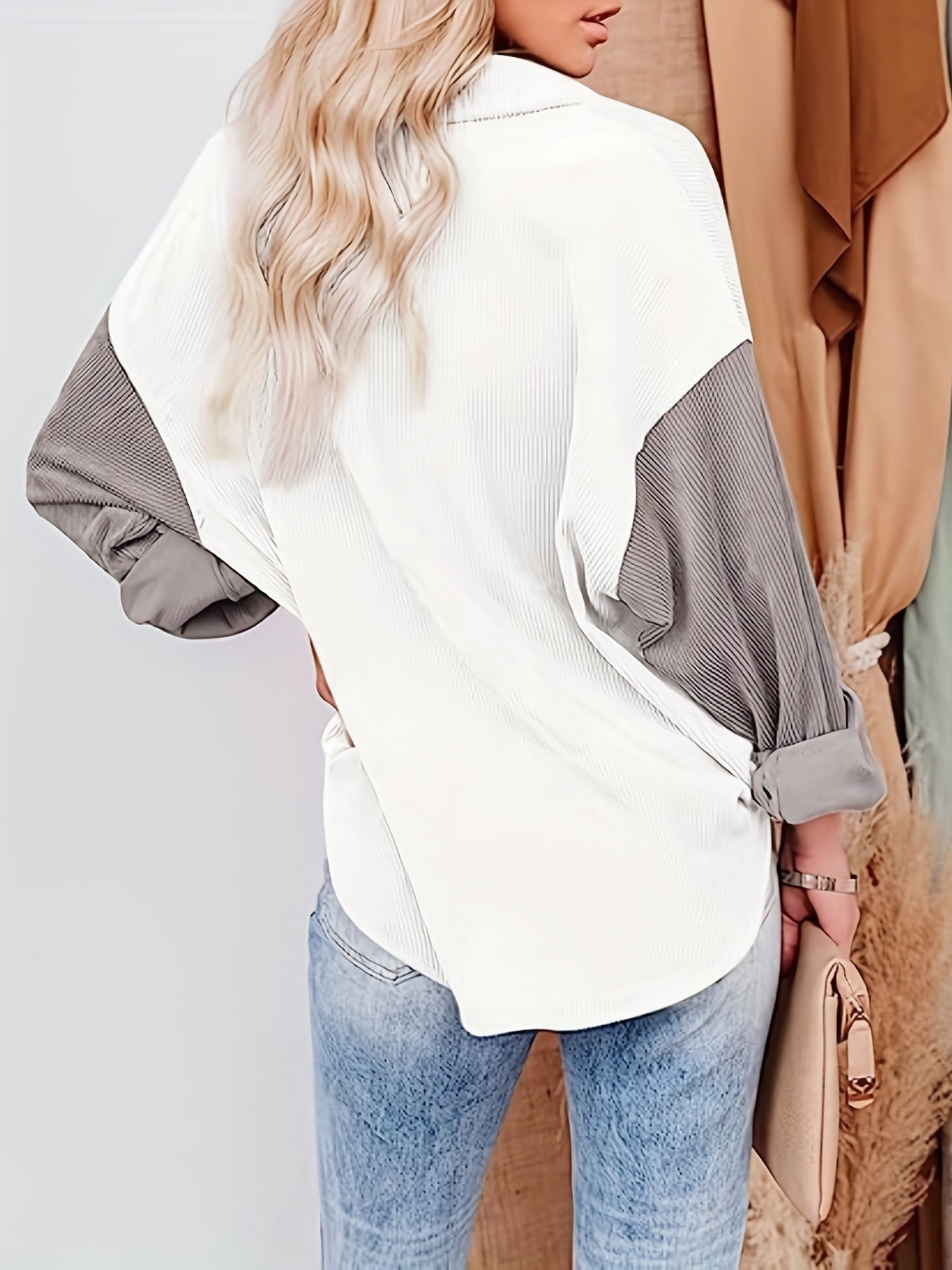 Color Block Drop Shoulder Shirt, Casual Button Front Long Sleeve Shirt, Women's Clothing