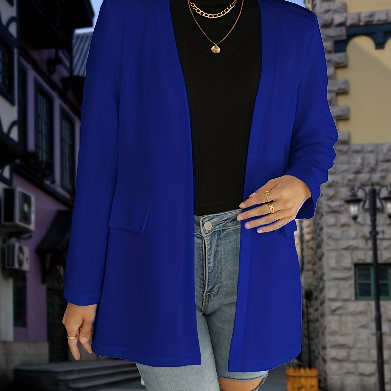 Solid Open Front Blazer, Casual Long Sleeve Work Office Outerwear, Women's Clothing