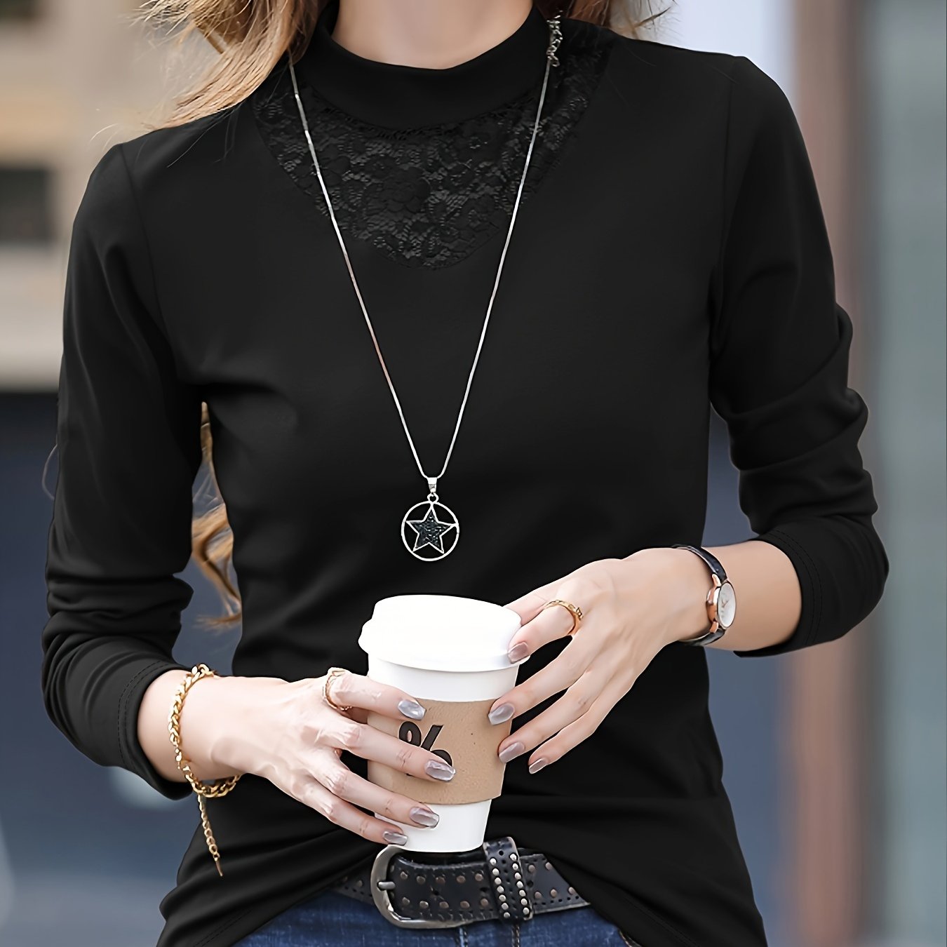 vlovelaw Solid Long Sleeve Lace T-Shirt, Casual Every Day Top For Spring & Fall, Women's Clothing
