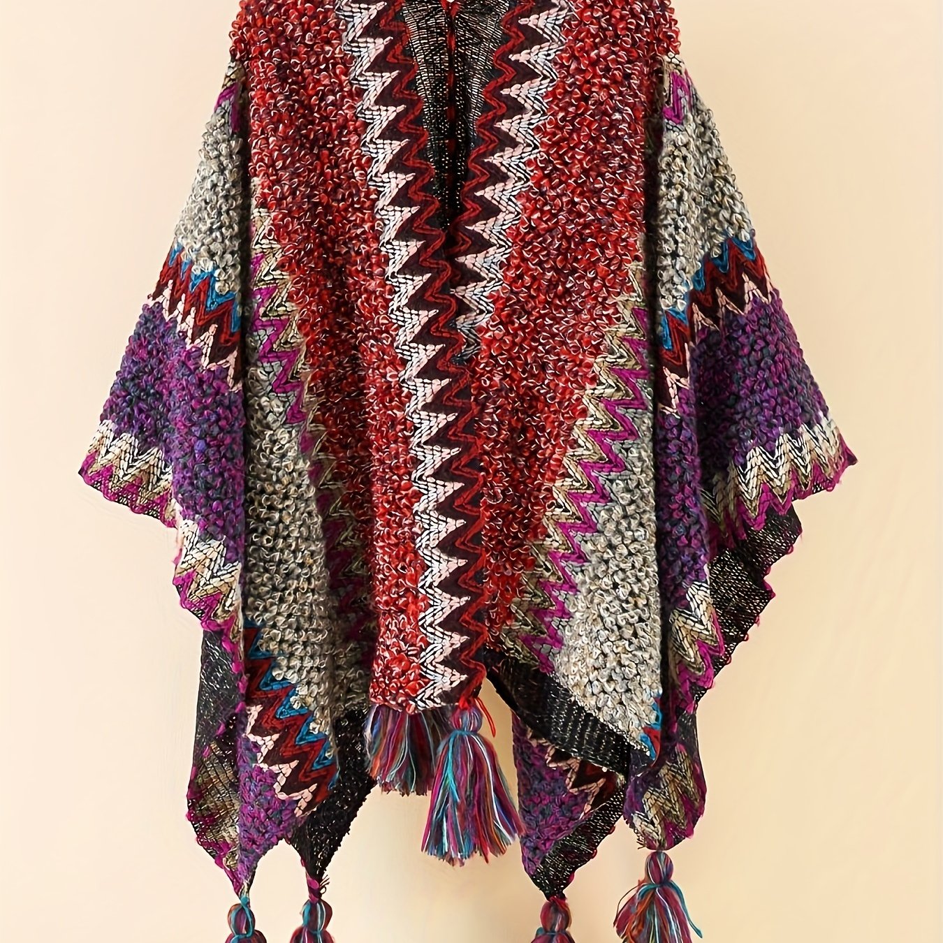 vlovelaw Plus Size Boho Cover Up, Women's Plus Chevron Pattern Tassel Decor Open Front Cape Shawl