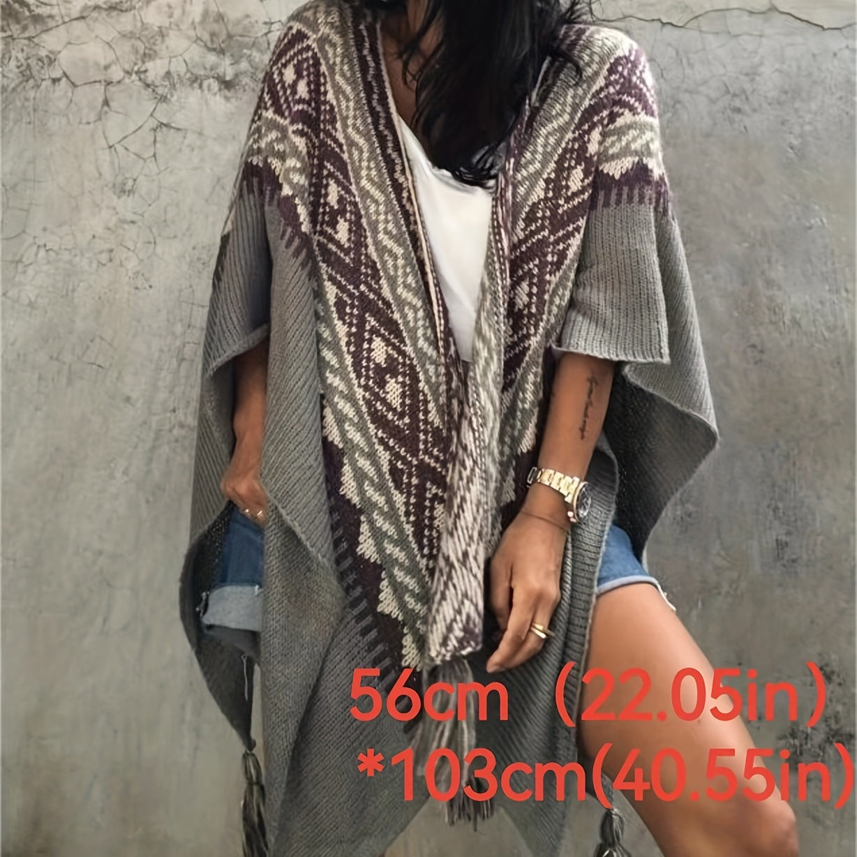 vlovelaw Bohemia Elegant Stretch Shawl Multi-color Striped Knitted Tassel Shawl Casual Warm Travel Outwear Wrap