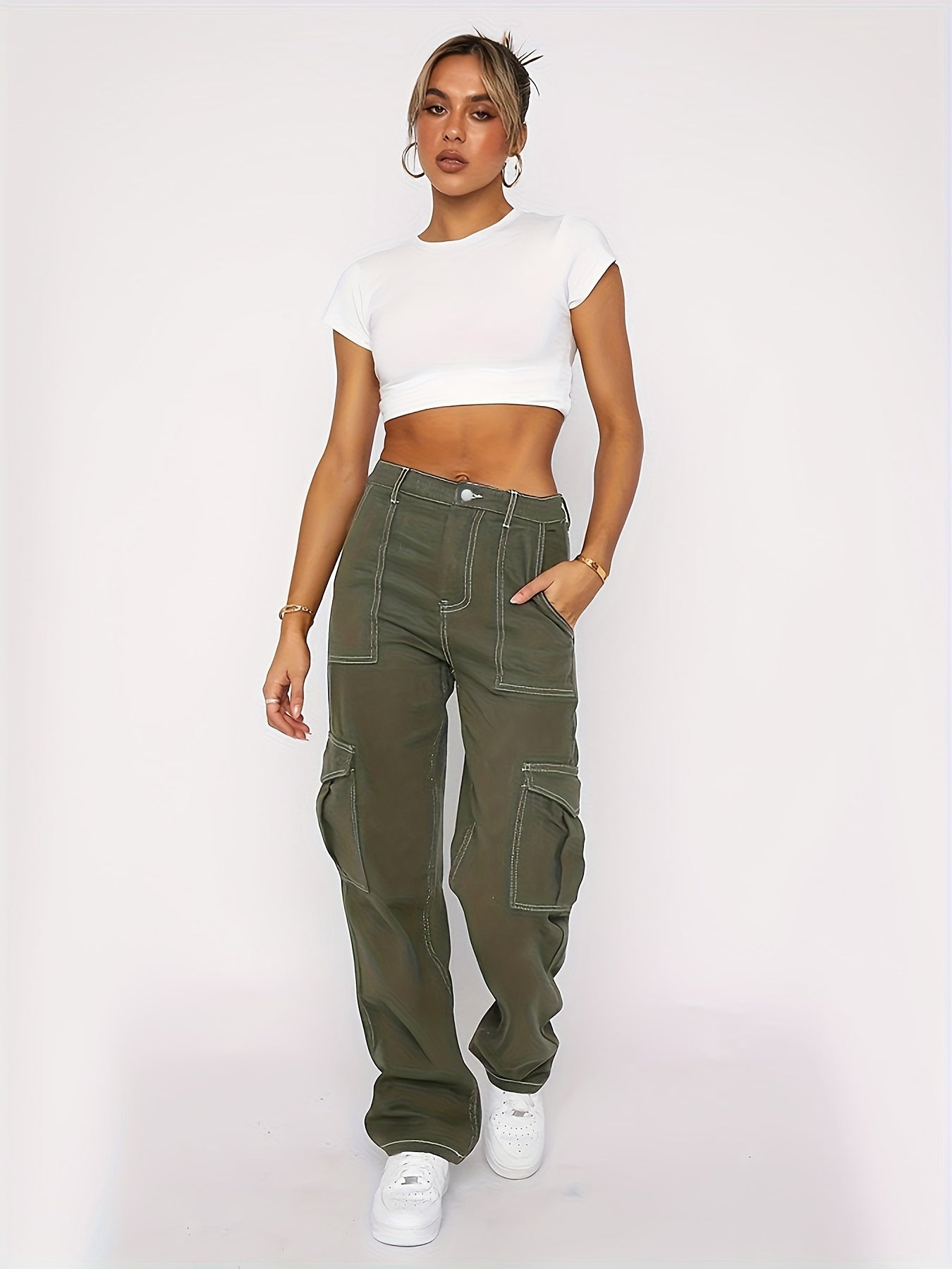 vlovelaw Army Green Cargo Pants, Flap Pockets High Waist Loose Fit Non-Stretch Casual Denim Pants, Y2K Kpop Vintage Style, Women's Denim Jeans & Clothing