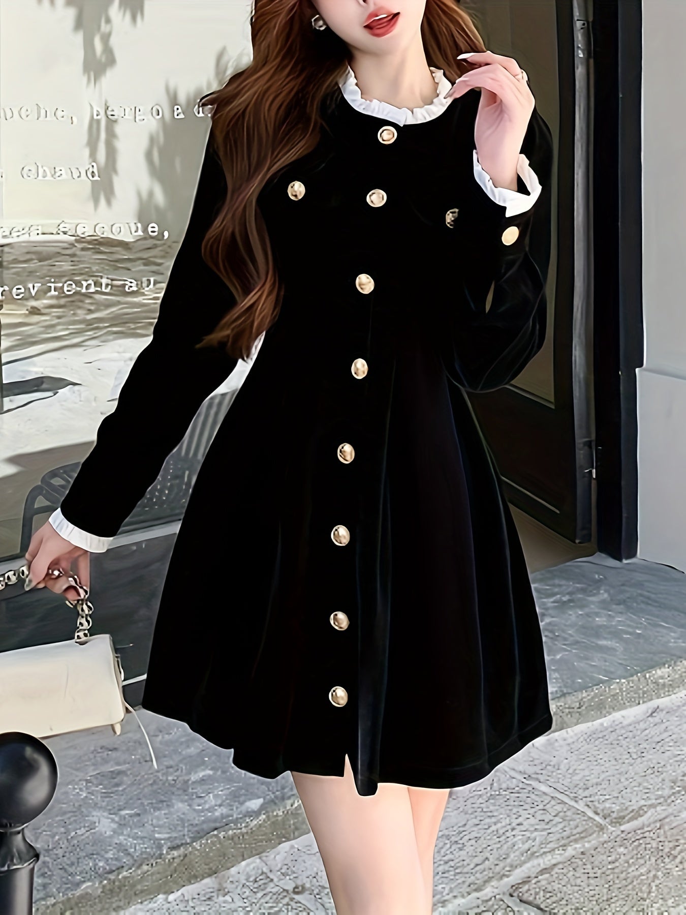 vlovelaw Solid Button Front Waist Velvet Dress, Elegant Long Sleeve Frill Trim Dress, Women's Clothing