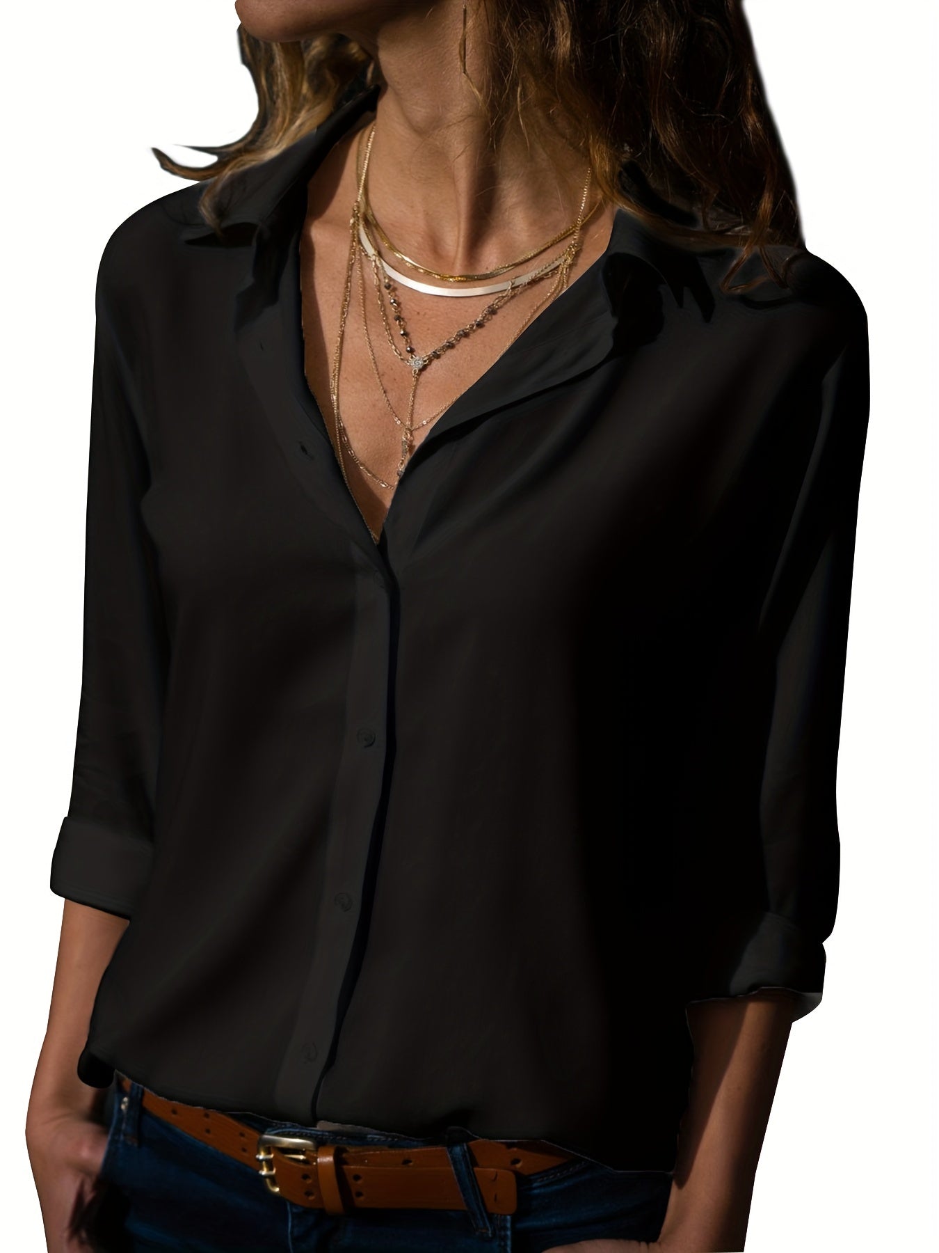 Versatile Solid Shirt, Casual Button Front Long Sleeve Collar Shirt, Women's Clothing