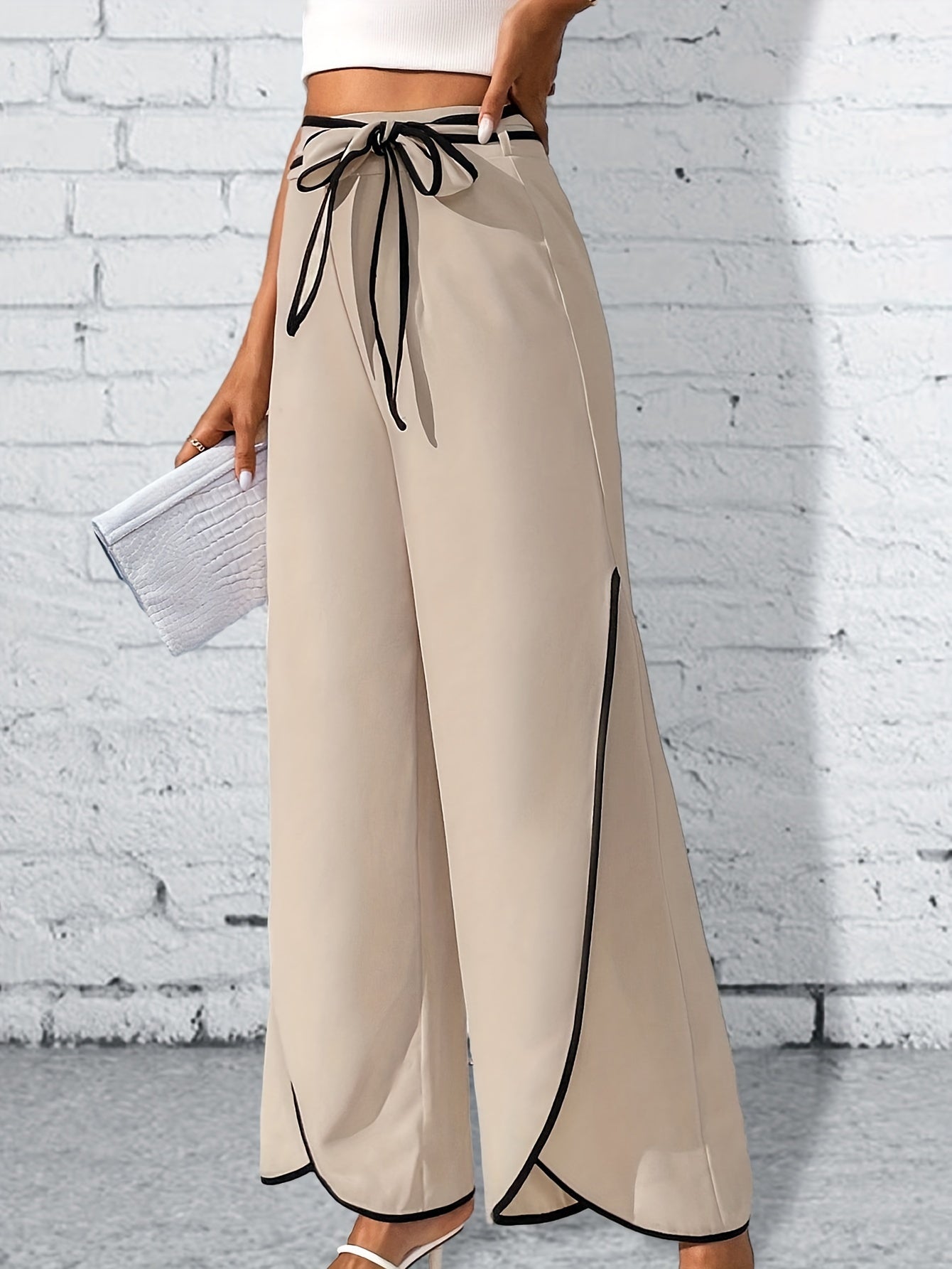 vlovelaw Contrast Trim Lace Up Pants, Elegant High Waist Wide Leg Pants, Women's Clothing