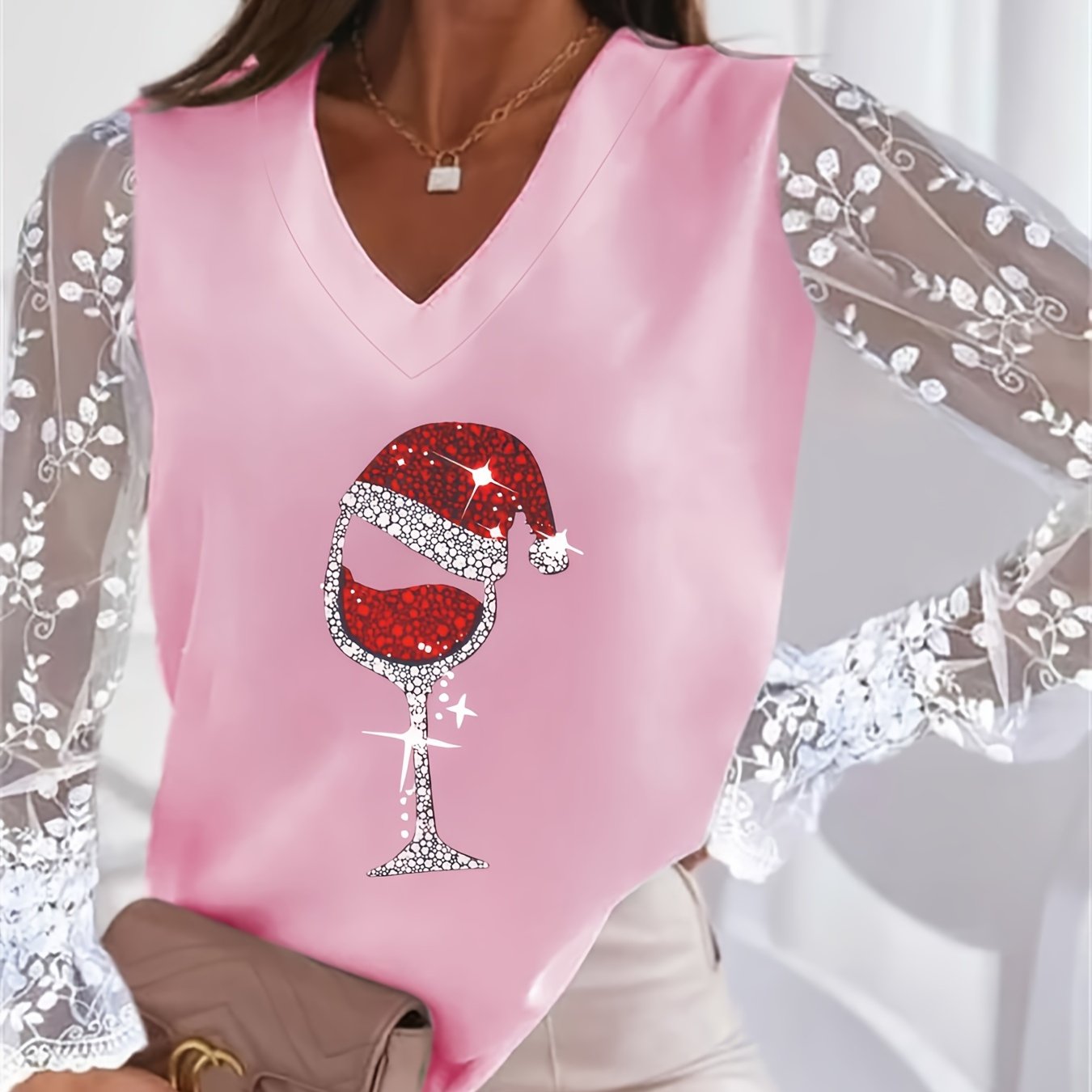 Christmas Wine Glass Pattern T-Shirt, Casual V Neck Lace Stitching Long Sleeve Top For Spring & Fall, Women's Clothing