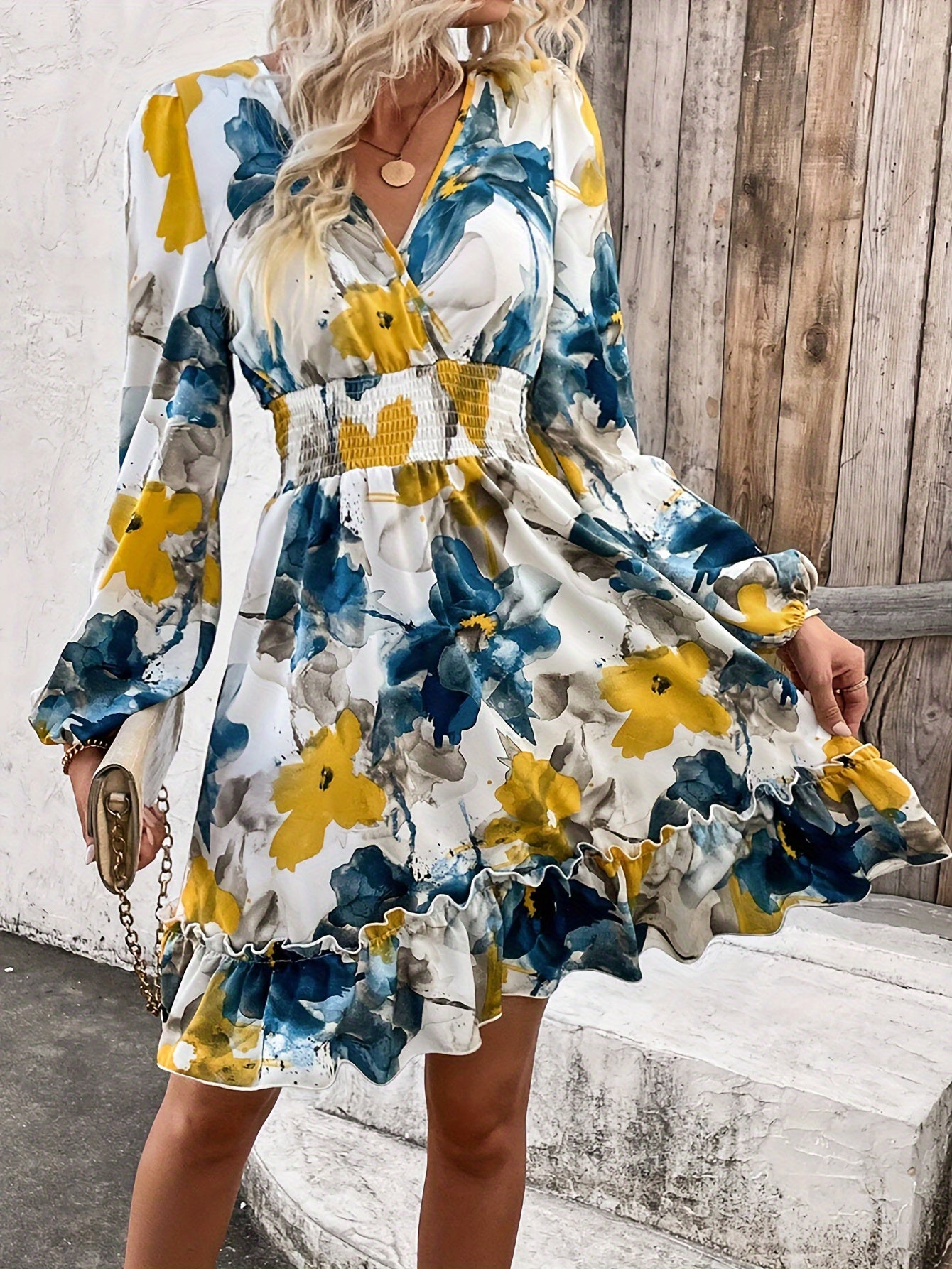vlovelaw Floral Print V Neck Dress, Elegant Long Sleeve Elastic Waist Dress, Women's Clothing
