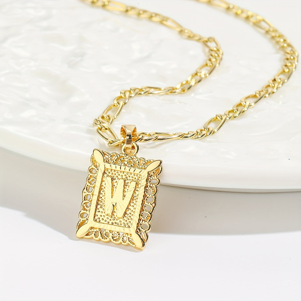 18K Gold Plated Square Monogram Pendant Necklace - Fashionable Personalized Alphabet Letter A-Z Figaro Chain Necklace for Men and Women - Copper Material, No Magnetic, No Mosaic, Plating-Free, Stylish Jewelry for Any Occasion