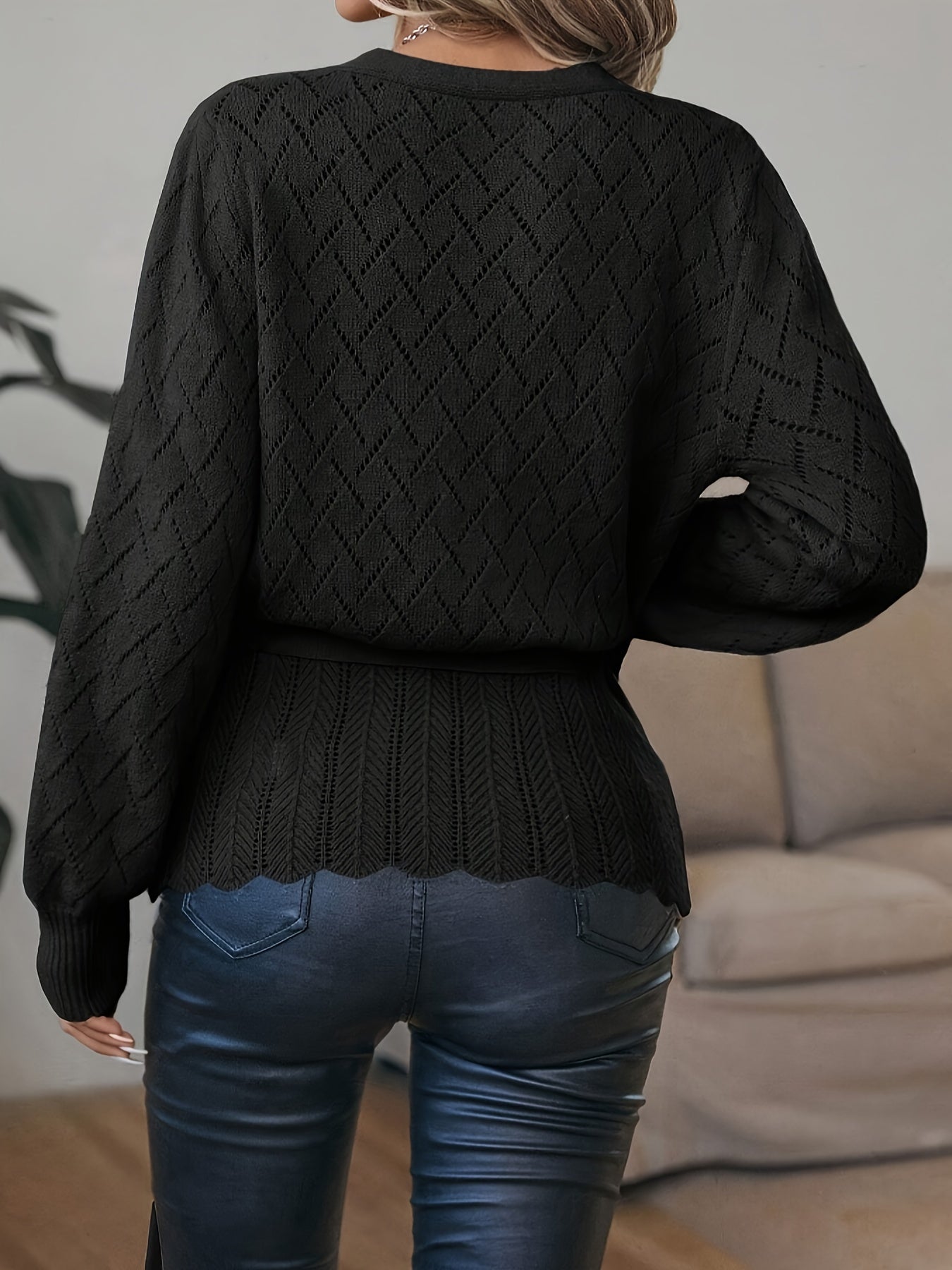 vlovelaw Solid Surplice Neck Pointelle Knit Sweater, Casual Long Sleeve Tie Loose Sweater, Women's Clothing