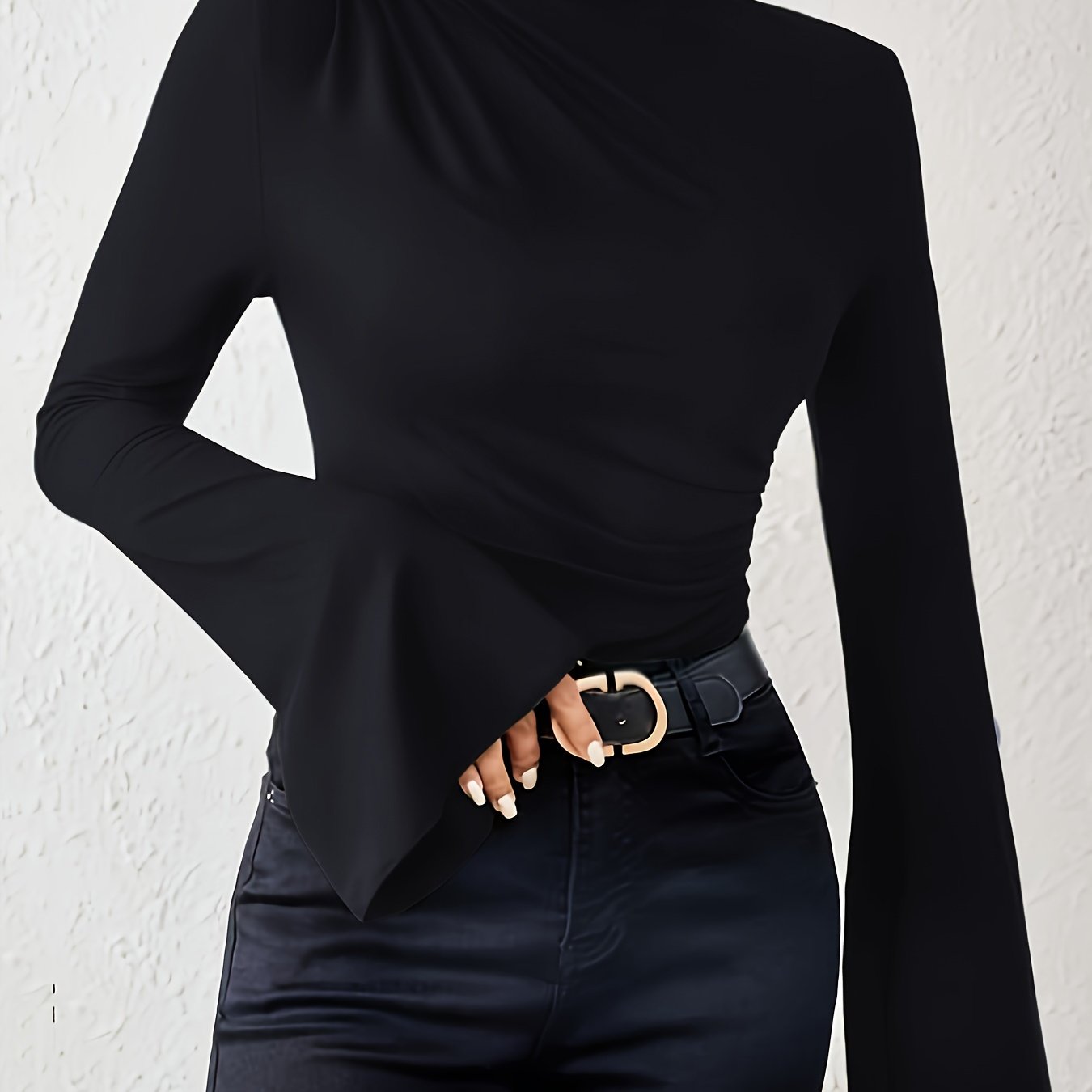 vlovelaw Solid Crew Neck T-shirt, Elegant Flare Sleeve Ruched Top For Spring & Fall, Women's Clothing