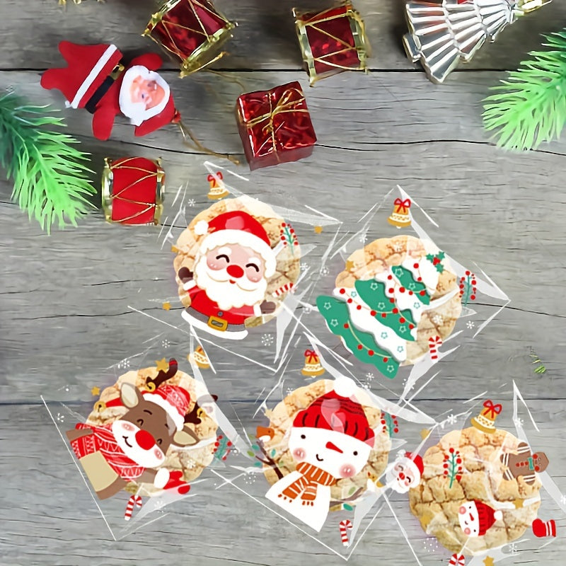100pcs Christmas Candy Bags - Self-Adhesive Clear Plastic Snack Pouches for Holiday Party Supplies, Disposable Cookie Bags with Festive Santa, Reindeer, Snowman Designs (5 Styles)