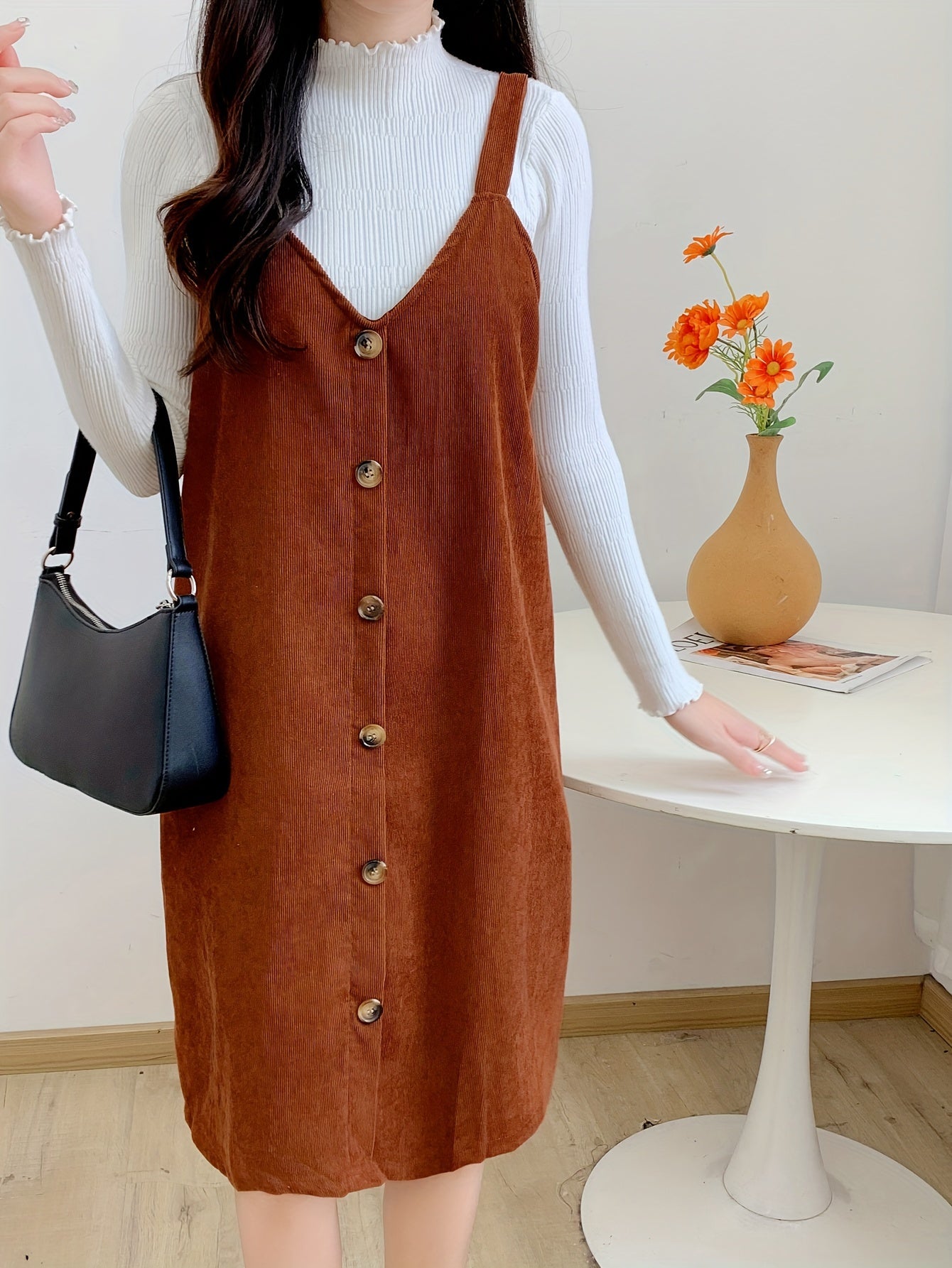 vlovelaw Button Front Solid Overall Dress, Casual V Neck Sleeveless Dress, Women's Clothing