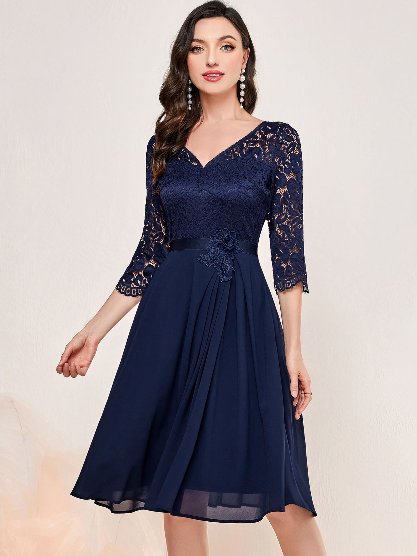 Contrast Lace Half Sleeve Dress, Elegant V Neck Cinched Waist Dress For Party & Banquet, Women's Clothing