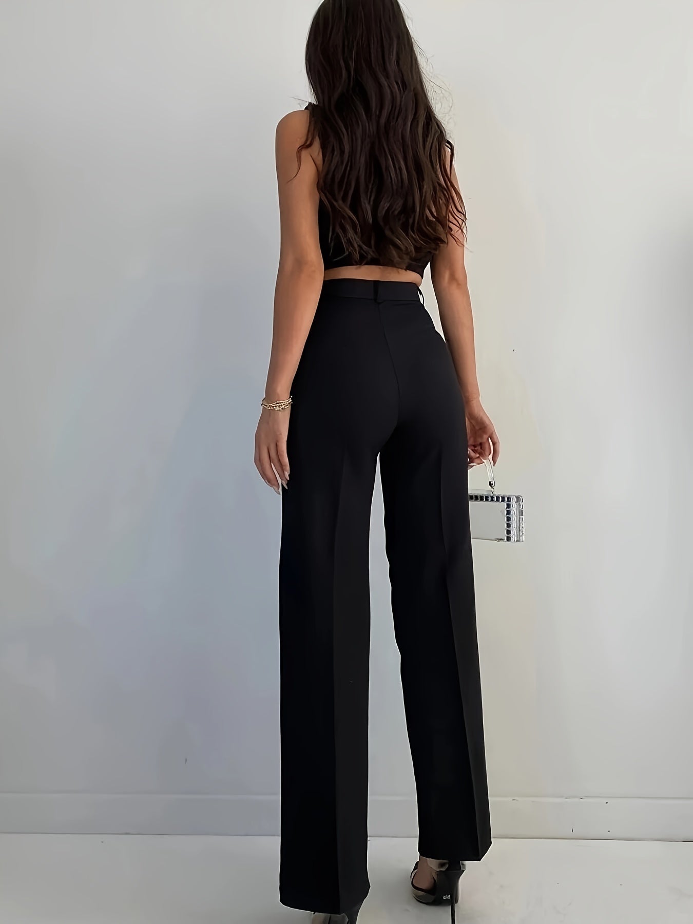 vlovelaw Solid Pintuck Straight Leg Pants, Elegant High Waist Pants, Women's Clothing