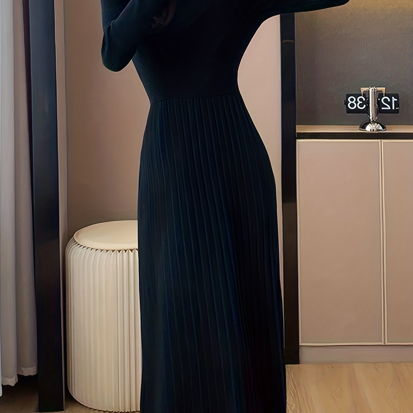 vlovelaw Ribbed Solid Midi Dress, Elegant Long Sleeve Party Dress, Women's Clothing