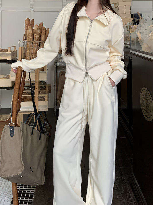 Solid Color Two-way Zipper Sweatshirt, Stylish Long Sleeve Lapel Sweatshirt For Fall & Winter, Women's Clothing