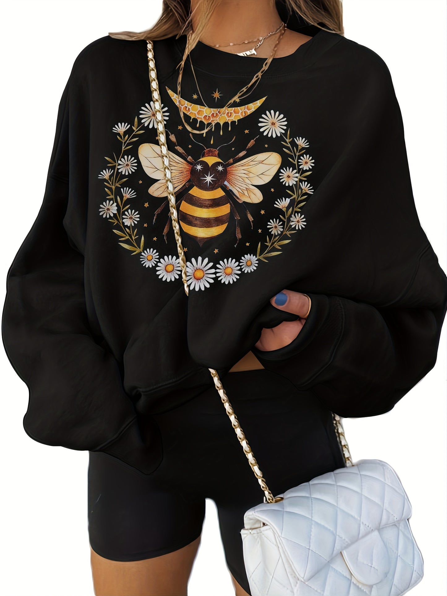 Round Neck Bee Print Pullover, Casual Fashion Loose Long Sleeve Sweatshirt, Women's Clothing