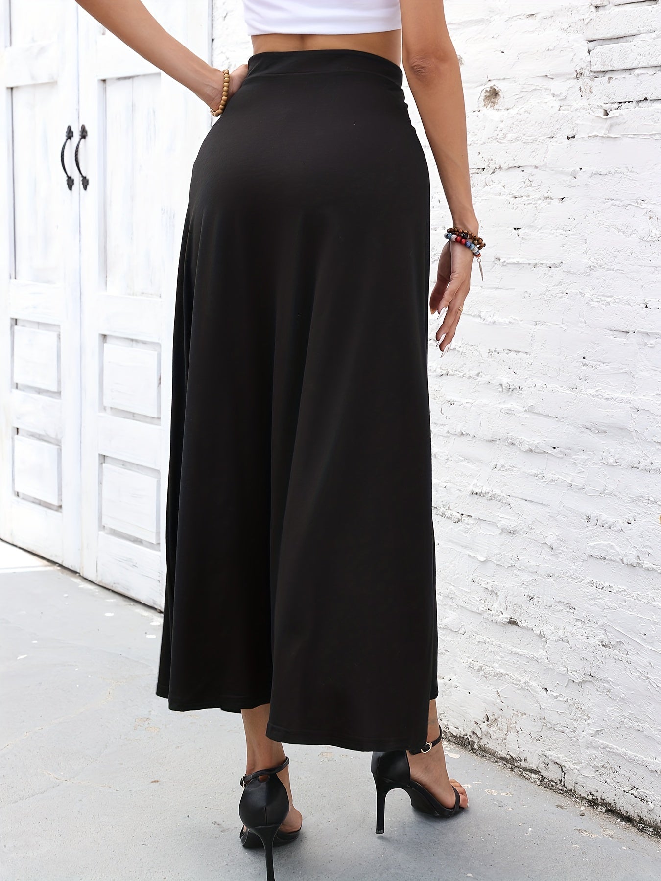 vlovelaw Solid Drawstring Skirts, Casual & Simple High Waist Maxi Skirts, Women's Clothing