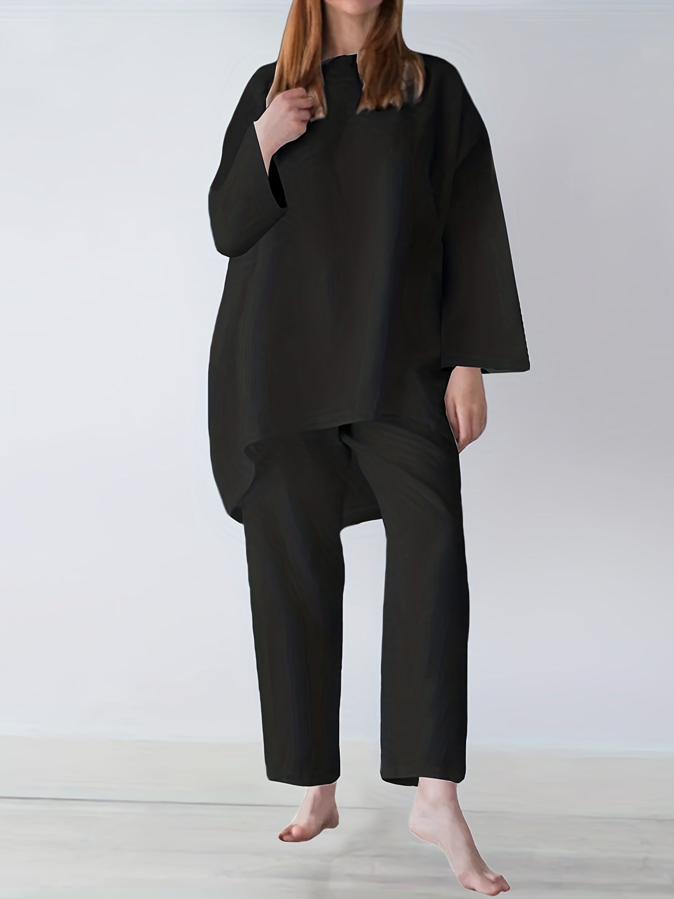 vlovelaw Solid Casual Two-piece Set, Long Sleeve Crew Neck Loose Tops & Wide Leg Pants Outfits, Women's Clothing