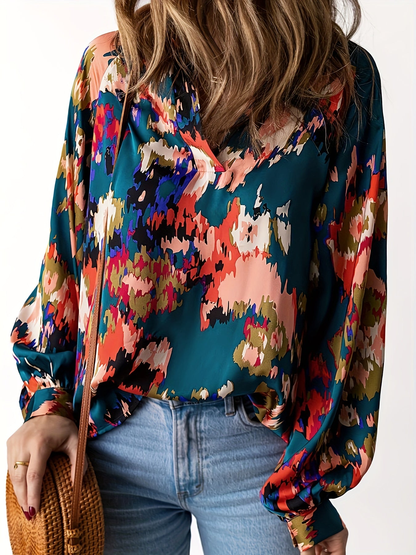 Allover Print V Neck Blouse, Casual Long Sleeve Stylish Blouse, Women's Clothing