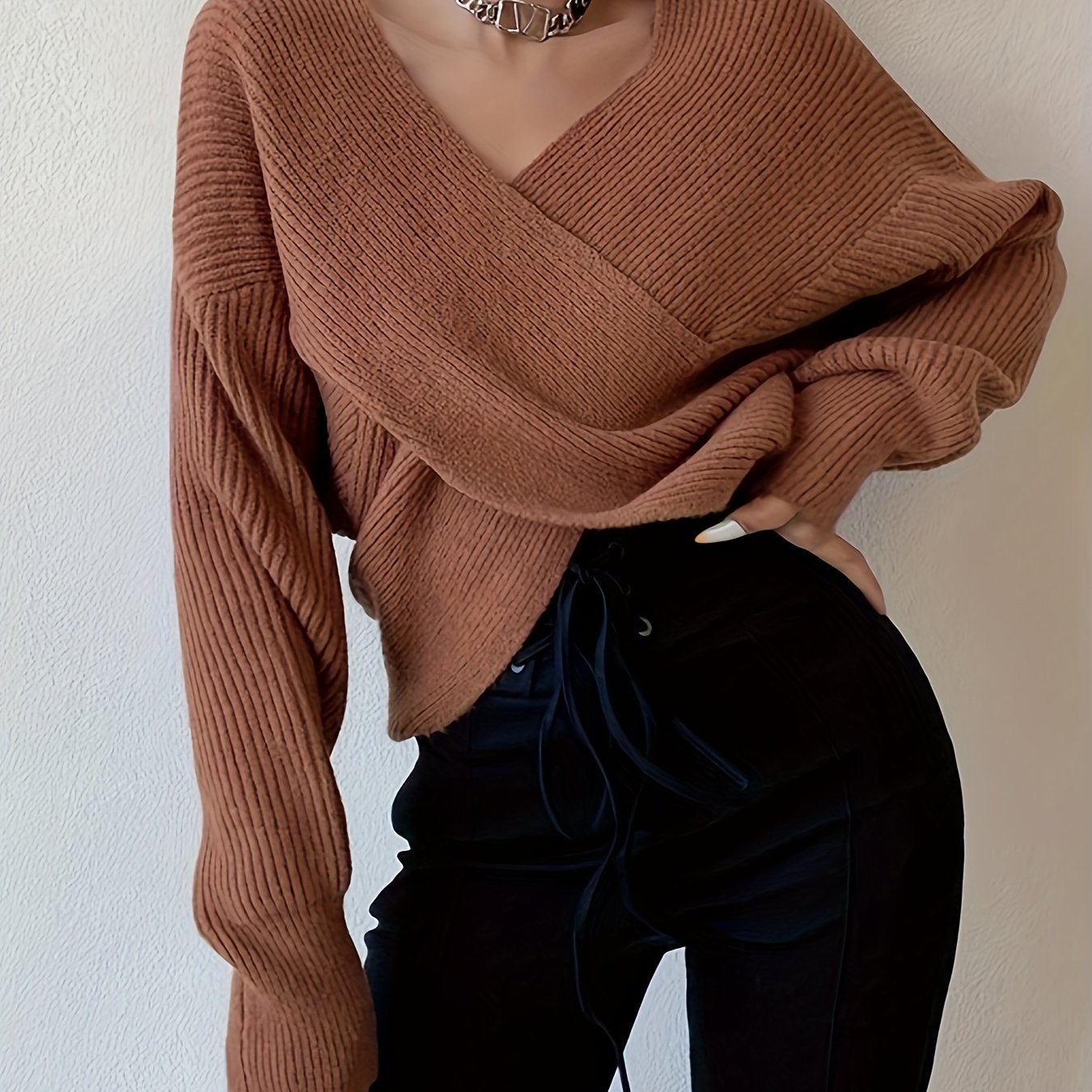 vlovelaw Solid Cross Front Knit Sweater, Sexy V Neck Long Sleeve Loose Fashion Sweater, Women's Clothing