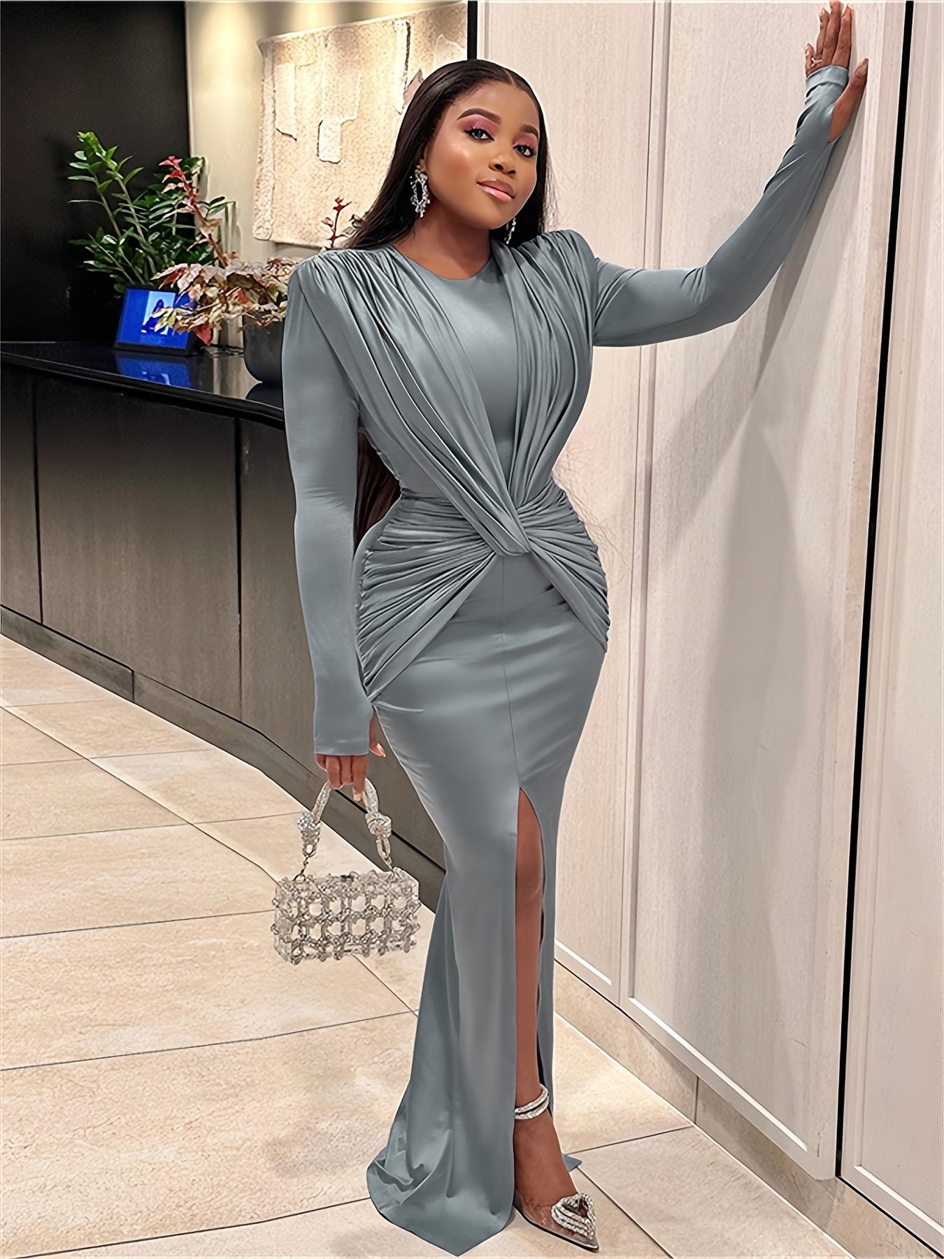 vlovelaw Asymmetrical Split Hem Maxi Dress, Y2K Long Sleeve Dress, Women's Clothing