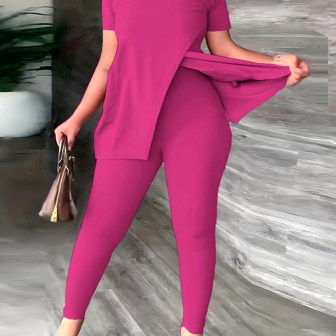 Solid Casual Two-piece Set, Split Short Sleeve Tee & High Waist Slim Pants Outfits, Women's Clothing