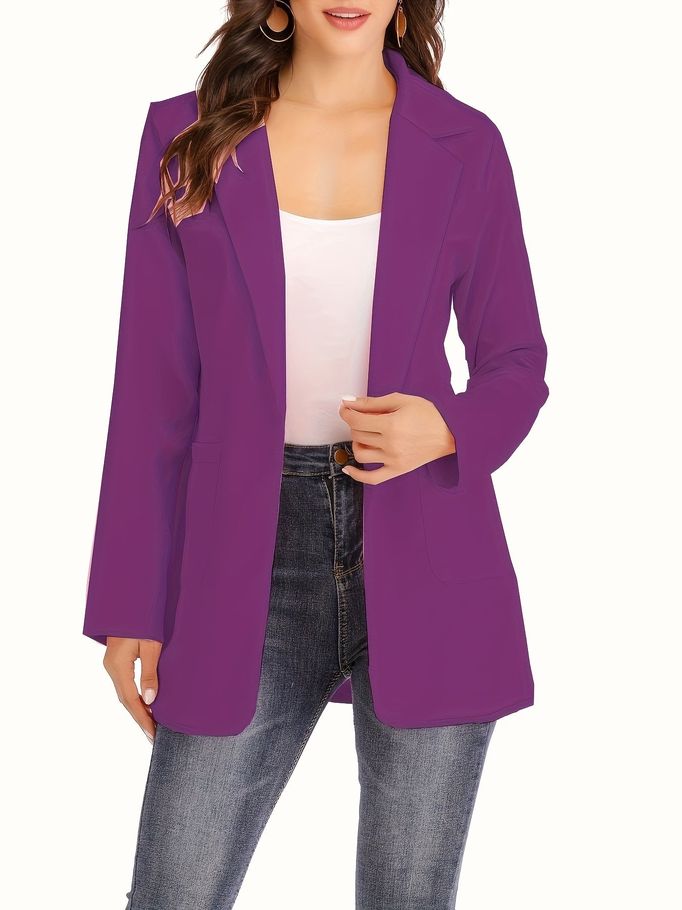 Solid Lapel Blazer, Casual Long Sleeve Open Front Work Office Outerwear, Women's Clothing