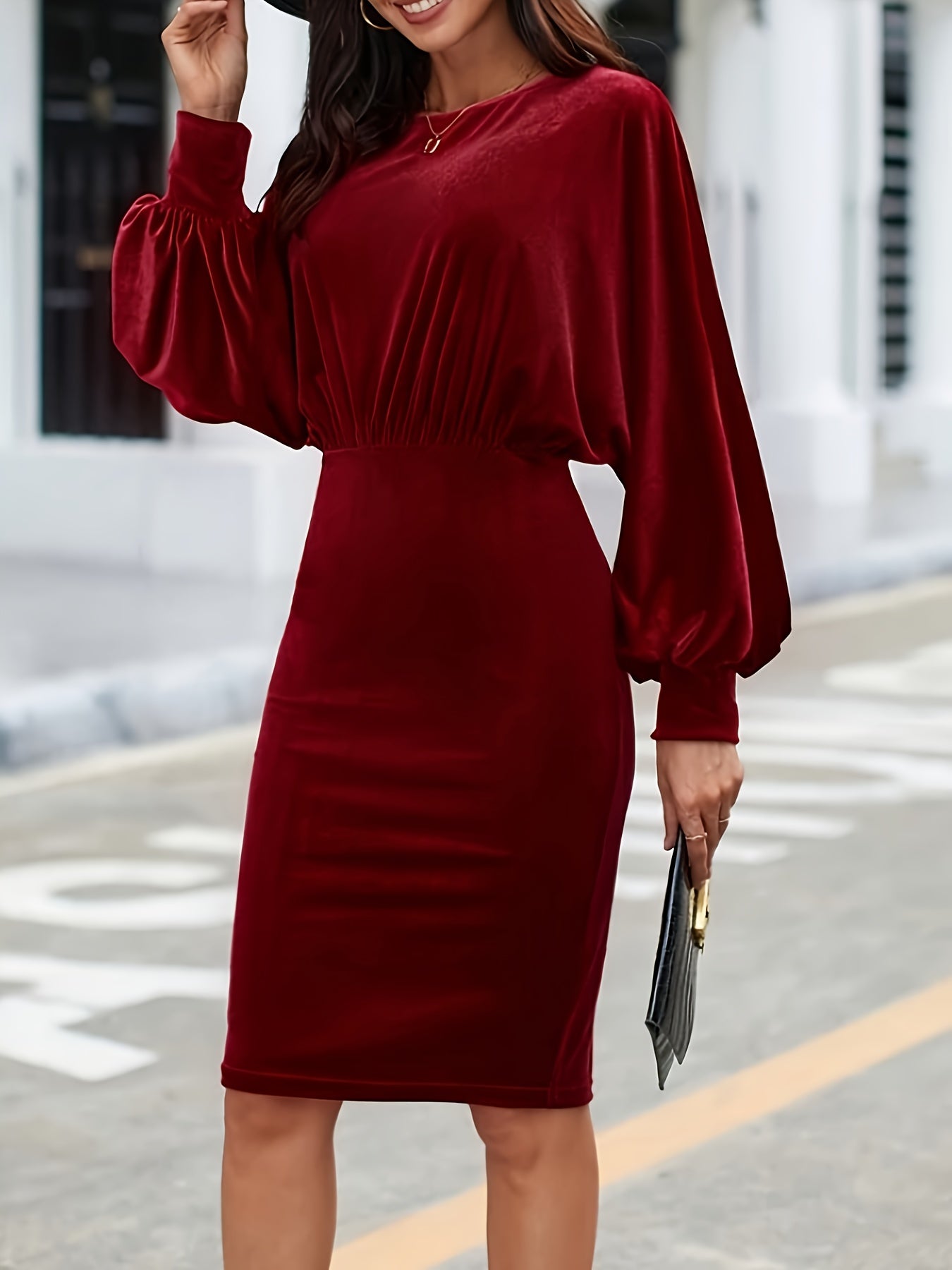 Solid Bodycon Knee Length Dress, Elegant Long Sleeve Crew Neck Dress, Women's Clothing