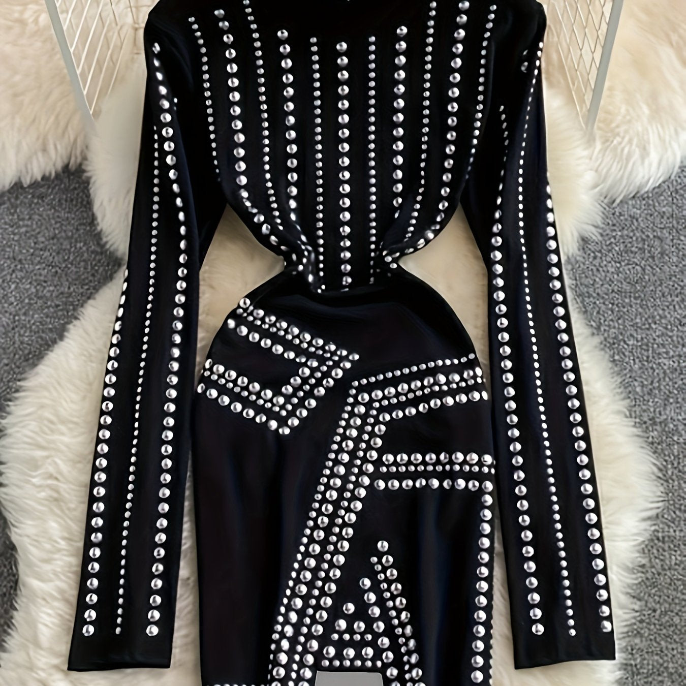 vlovelaw Plus Size Sequin Decor Bodycon Dress, Casual Mock Neck Long Sleeve Dress, Women's Plus Size Clothing