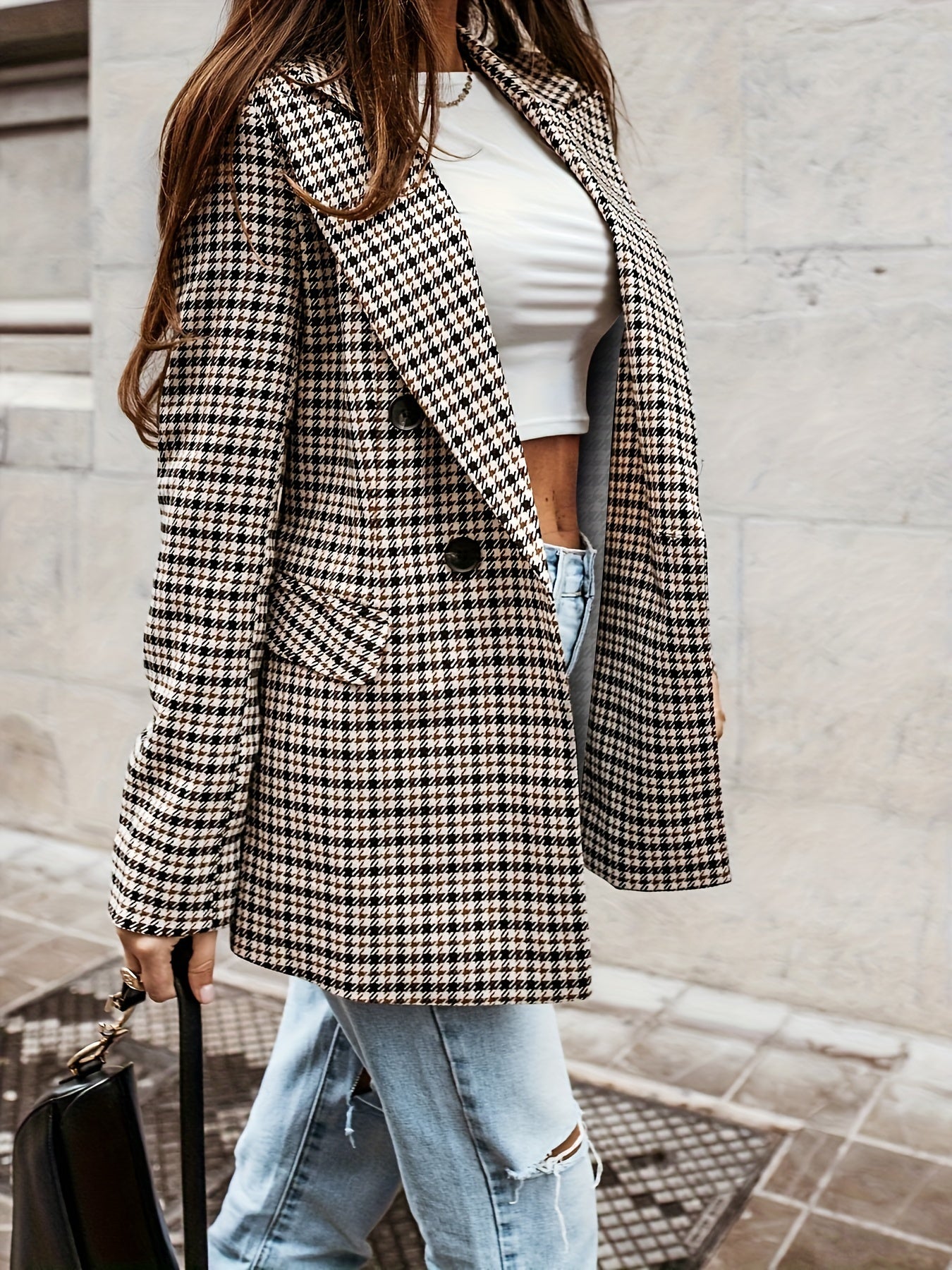 Houndstooth Print Double-breasted Blazer, Casual Lapel Long Sleeve Blazer, Women's Clothing