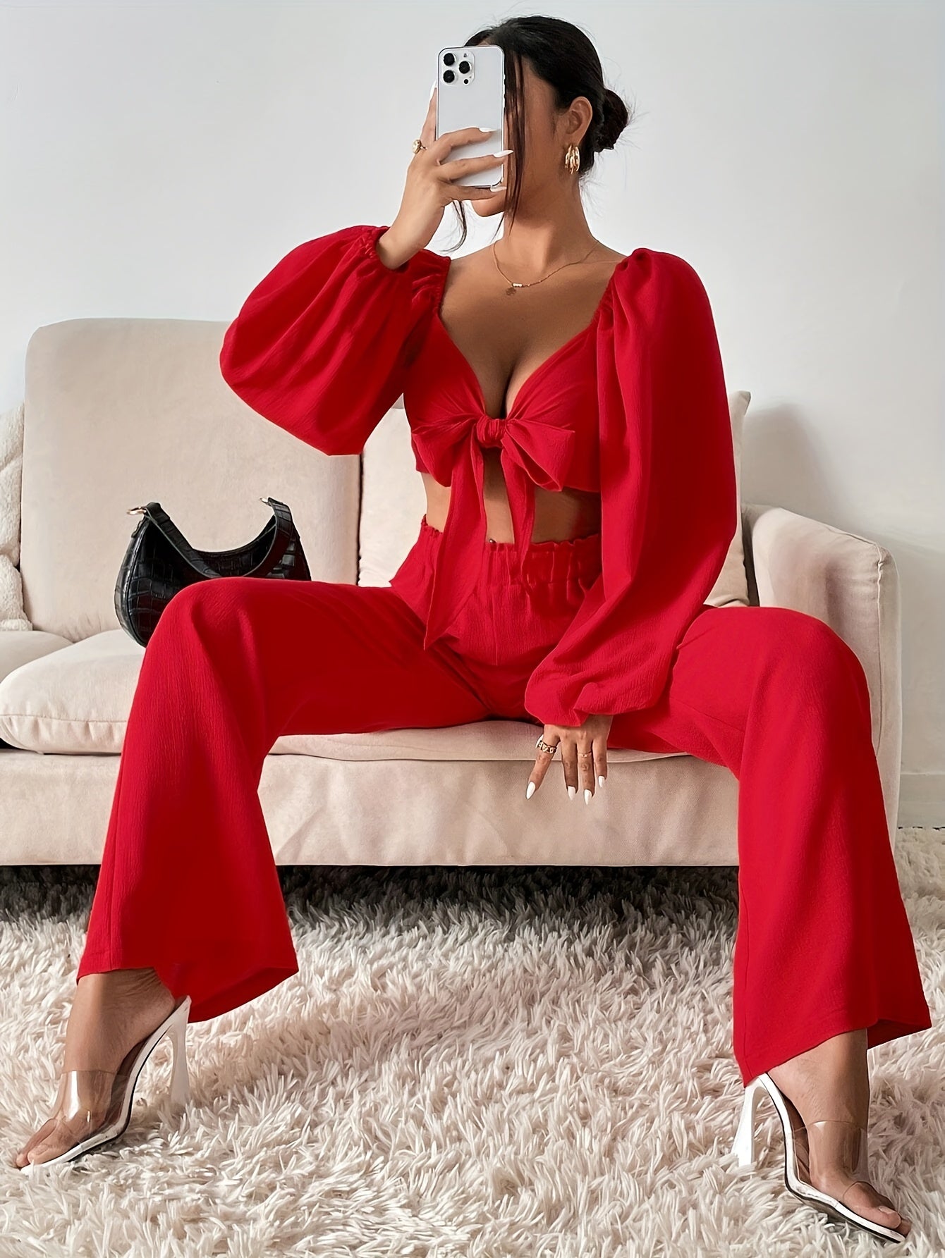 vlovelaw Casual Solid Two-piece Pants Set, Long Sleeve Bow Front T-shirt & Loose Wide Leg Pants Outfits, Women's Clothing