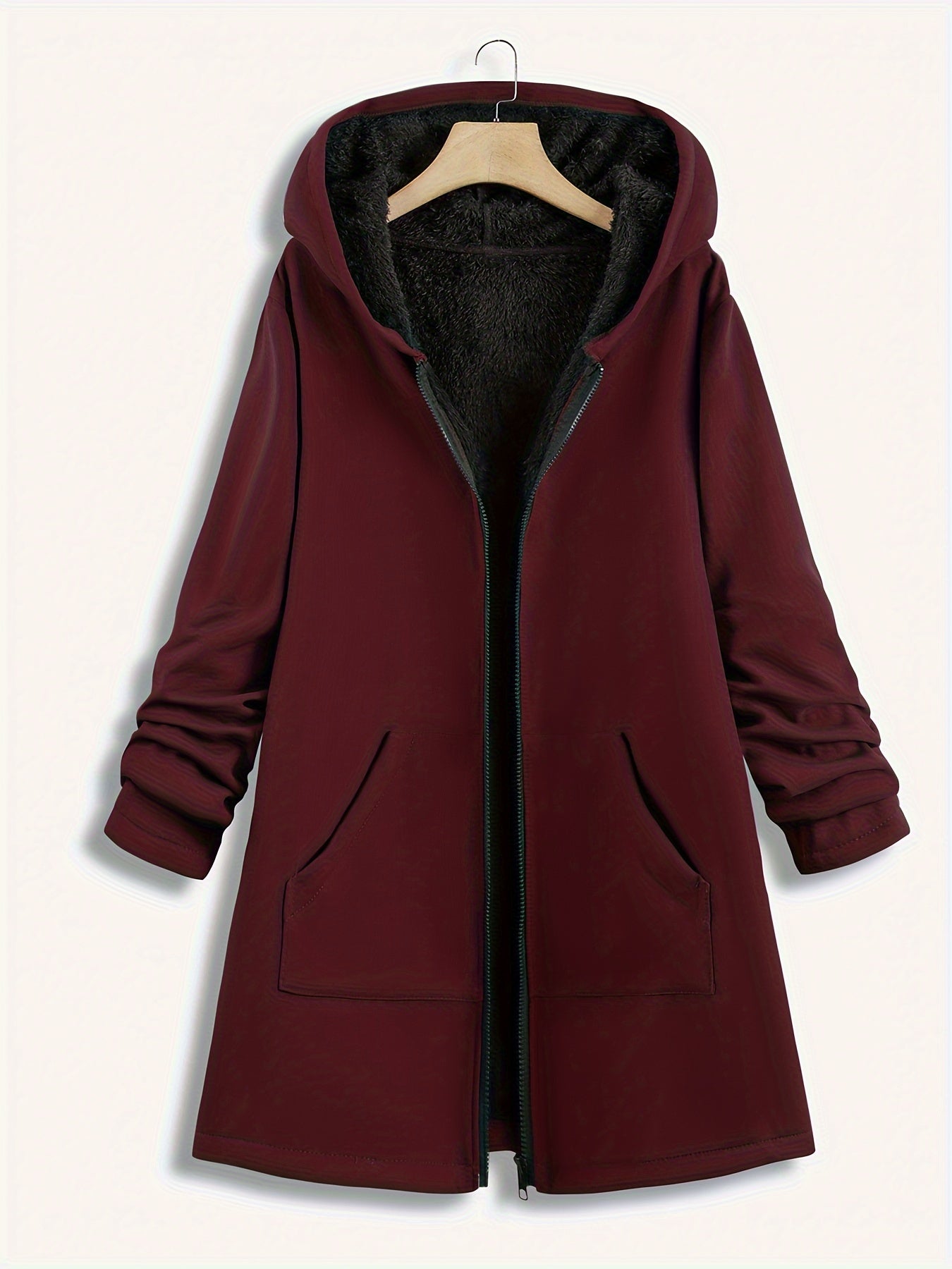 vlovelaw Plus Size Hoodie Fleece Liner Zip Up Coat, Women's Plus Warm Winter Casual Faux Fur Coat