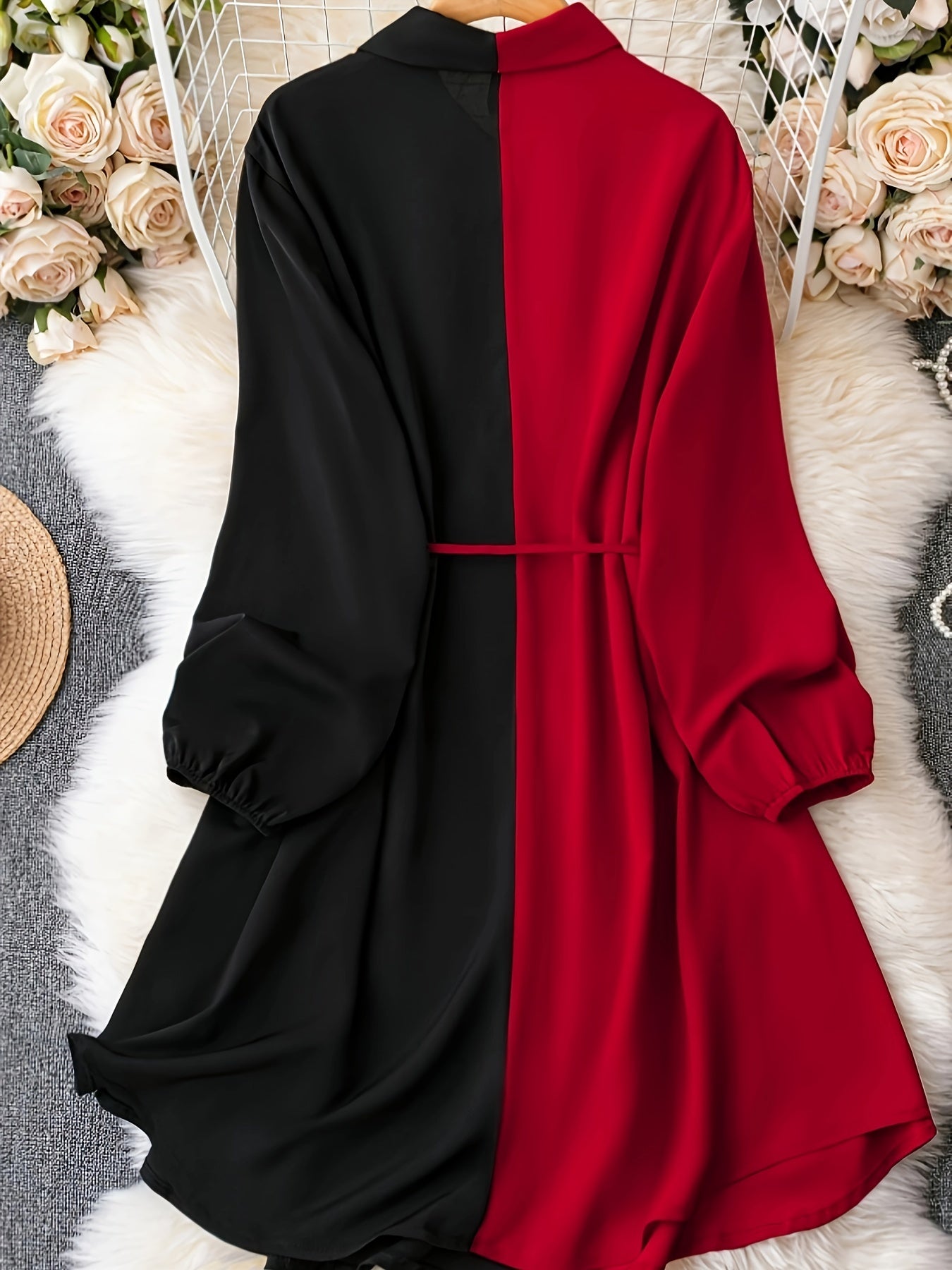 vlovelaw Plus Size Casual Dress, Women's Plus Colorblock Lantern Sleeve Button Up Lapel Collar Belted Shirt Dress