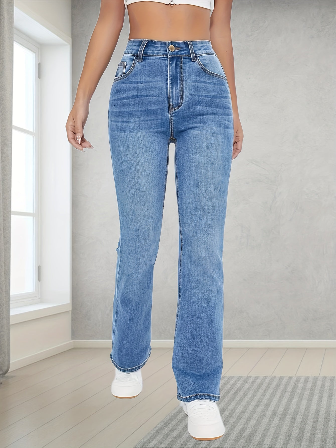 vlovelaw Light Blue Casual Bootcut Jeans, Mid-Stretch Slant Pockets High Waist Denim Pants, Women's Denim Jeans & Clothing