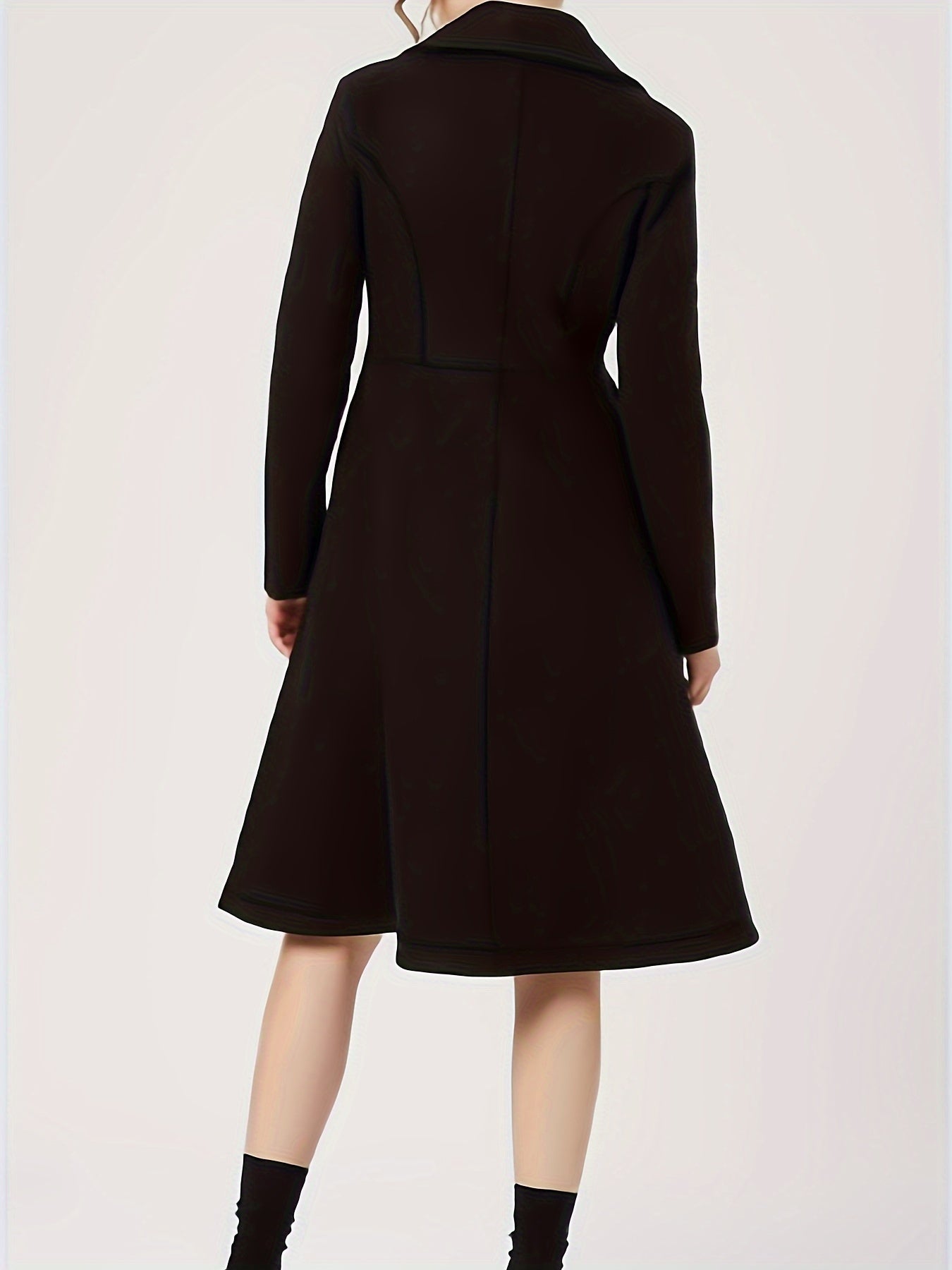 vlovelaw Plus Size Casual Coat, Women's Plus Solid Long Sleeve Double Breast Button Lapel Collar A-line Wool Blend Coat