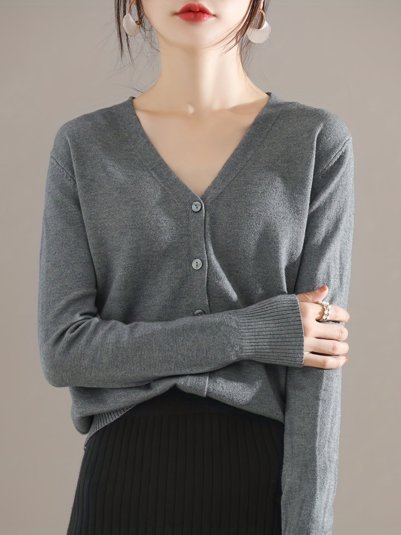 Elegant V-neck Solid Cardigan, Long Sleeve Cardigan For Spring & Fall, Women's Clothing