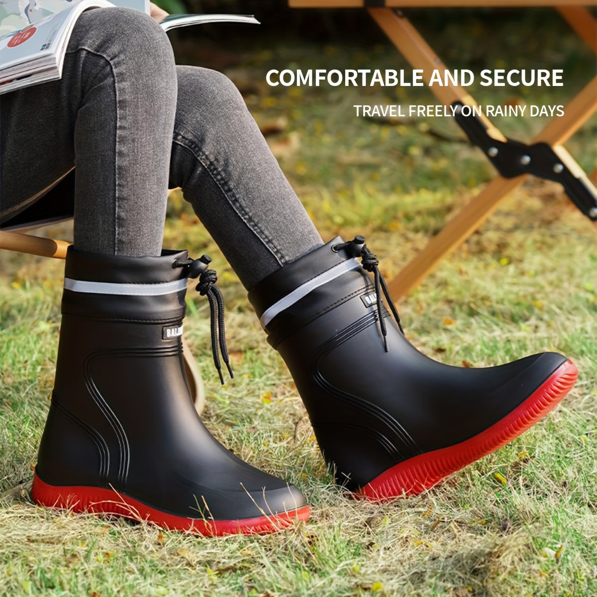 Men's Solid Color Slip On Waterproof Rain Boots, Comfy Non Slip Durable Casual Platform Water Shoes For Men's Rainy Day Outdoor