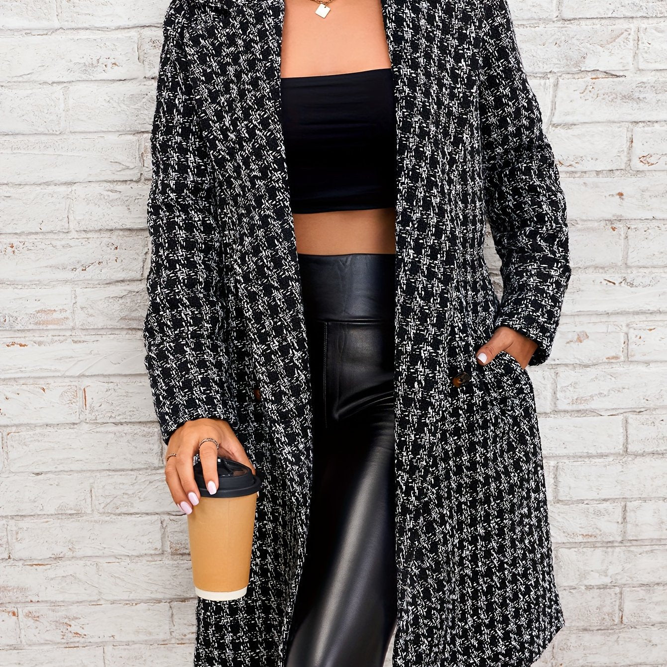Houndstooth Pattern Double Breasted Overcoat, Elegant Lapel Long Sleeve Outerwear, Women's Clothing
