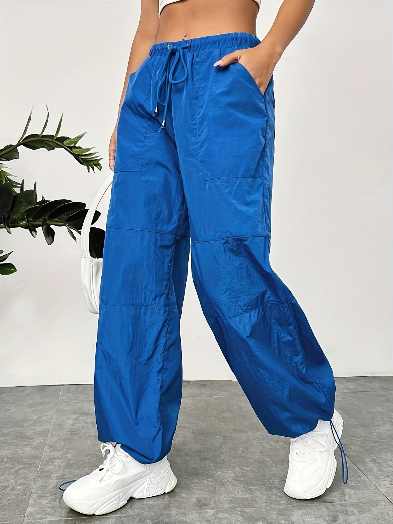 vlovelaw Solid Color Drawstring Cargo Pants, Y2K Slant Pockets Pants For Spring & Fall, Women's Clothing