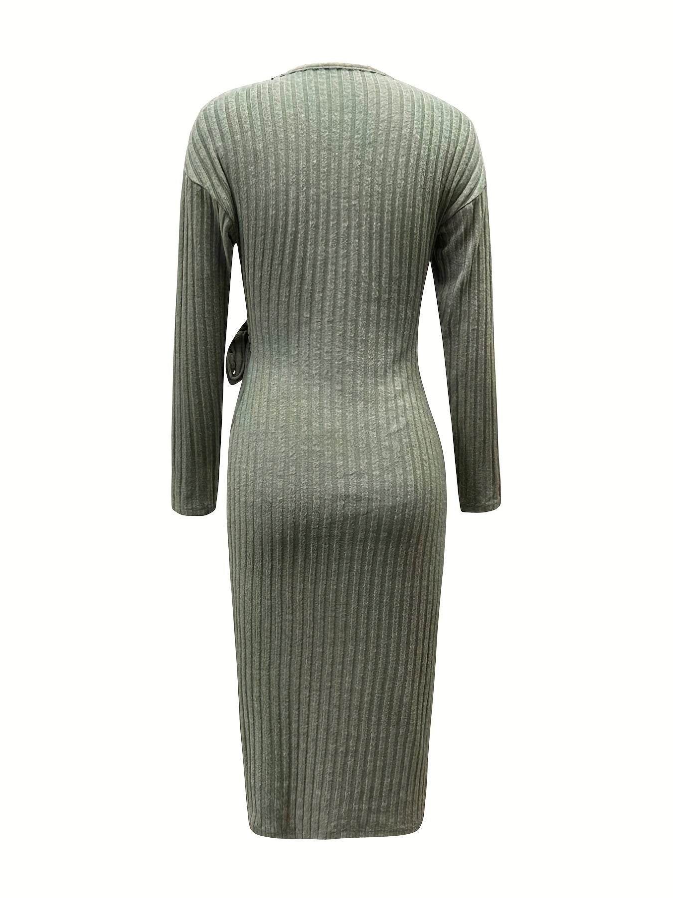 vlovelaw Ribbed Knotted Dress, Elegant V Neck Long Sleeve Bodycon Dress, Women's Clothing