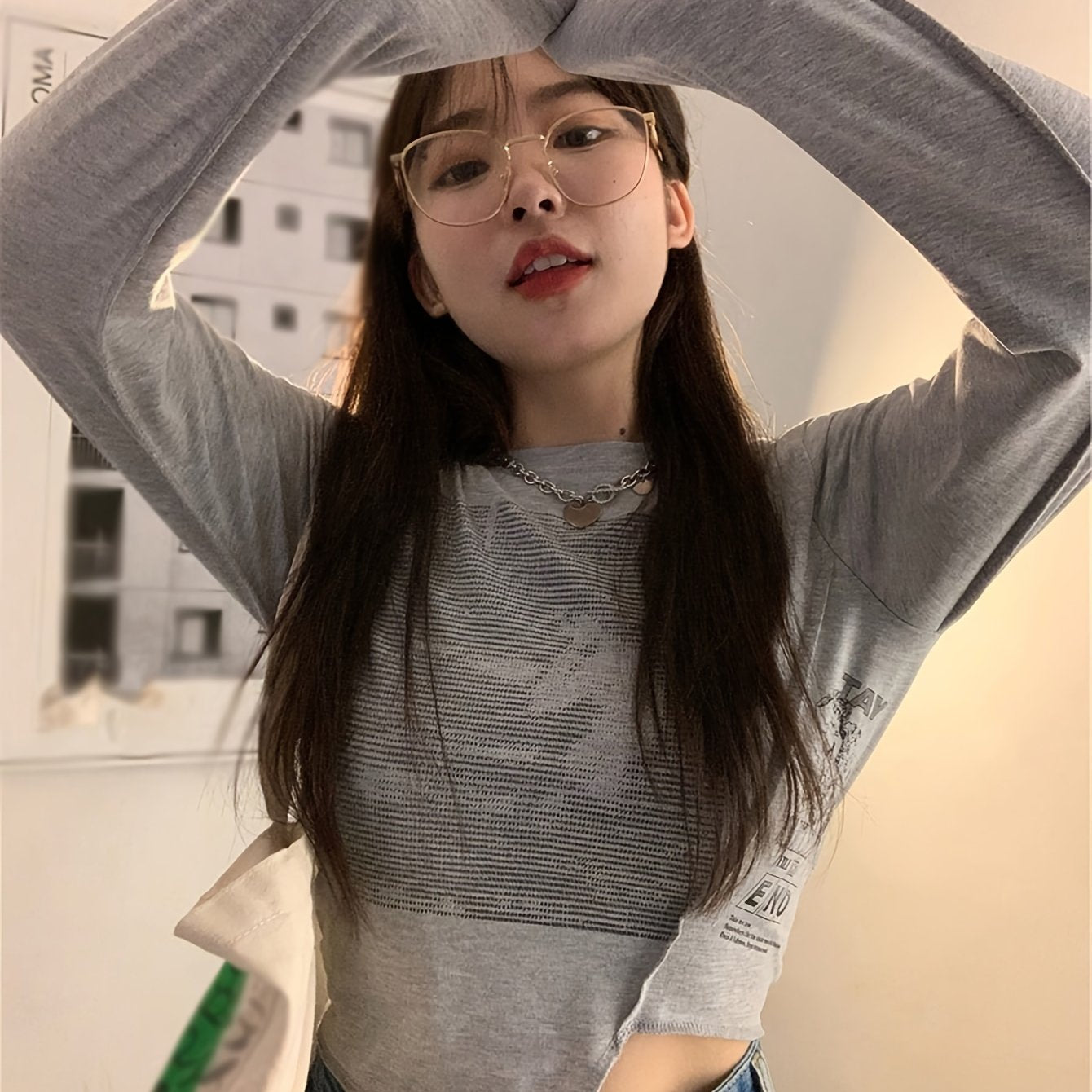vlovelaw Graphic Print Crew Neck Irregular Hem T-Shirt, Casual Long Sleeve Top For Spring & Fall, Women's Clothing