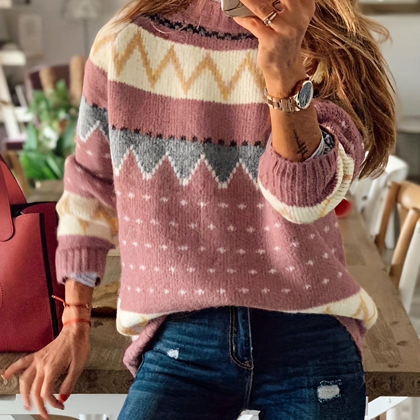 vlovelaw Graphic Pattern Mock Neck Sweater, Casual Long Sleeve Sweater For Fall & Winter, Women's Clothing