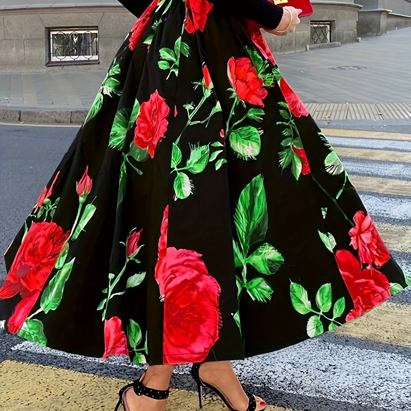 Plus Size Elegant Skirt, Women's Plus Floral Print Elastic High Rise Slight Stretch A-line Maxi Skirt