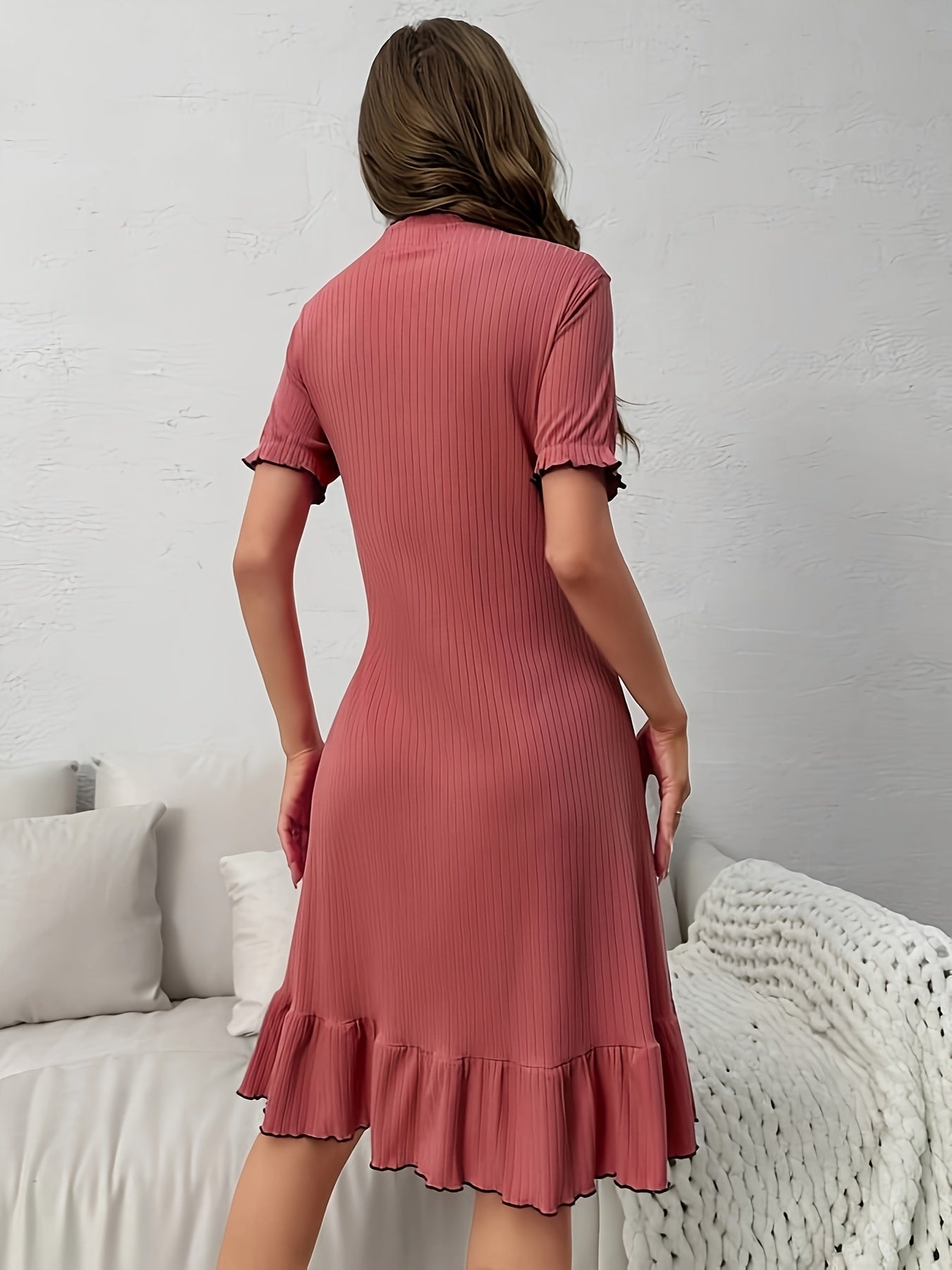 vlovelaw Elegant Solid Ribbed Ruffle Trim Lounge Dresses, Short Sleeve Button Up V Neck Home Dress, Women's Loungewear & Dresses