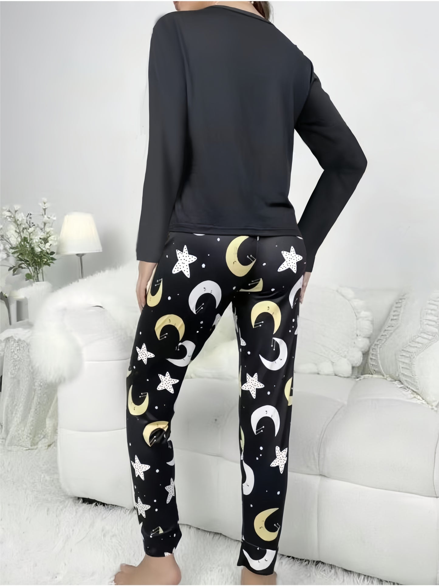 vlovelaw Moon & Star Print Lounge Set, Long Sleeve Crew Neck Top & Elastic Waistband Pants, Women's Loungewear & Sleepwear