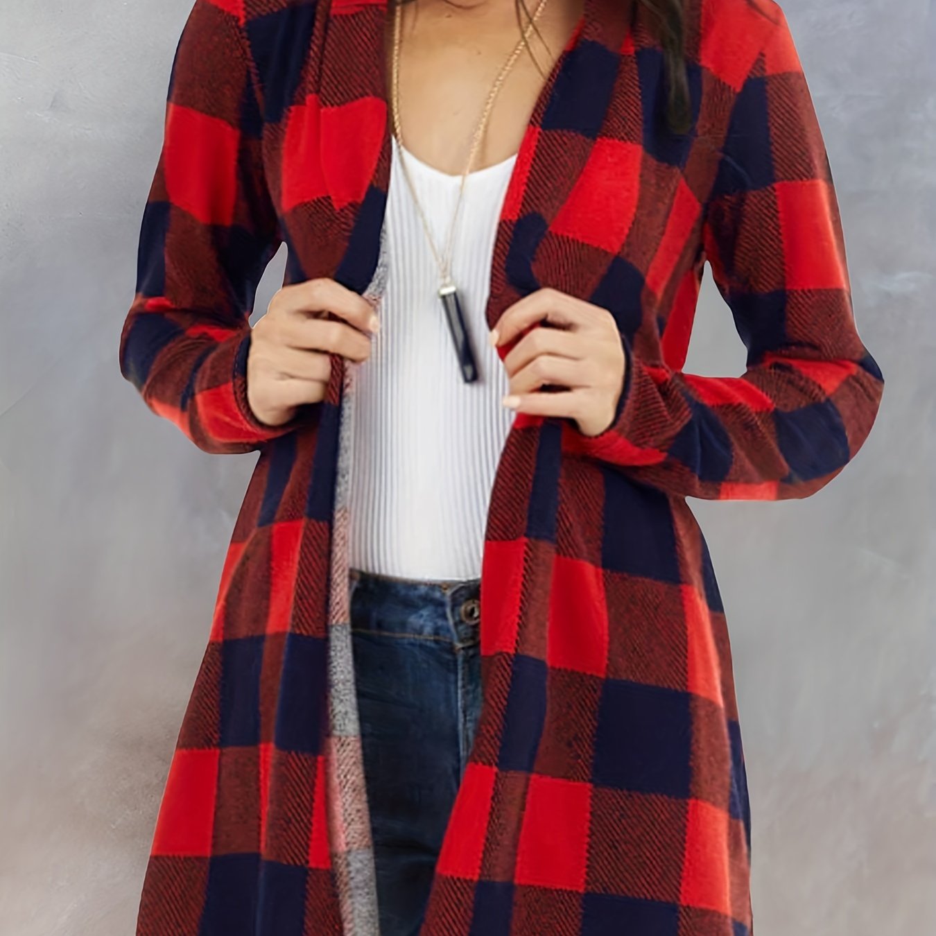 Plaid Print Cardigan, Casual Open Front Long Sleeve Outerwear, Women's Clothing