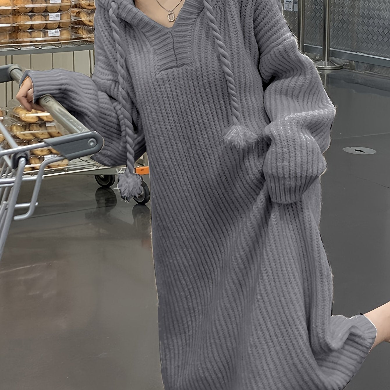 vlovelaw Drawstring Hooded Knit Dress, Casual Long Sleeve Mid Calf Loose Dress, Women's Clothing